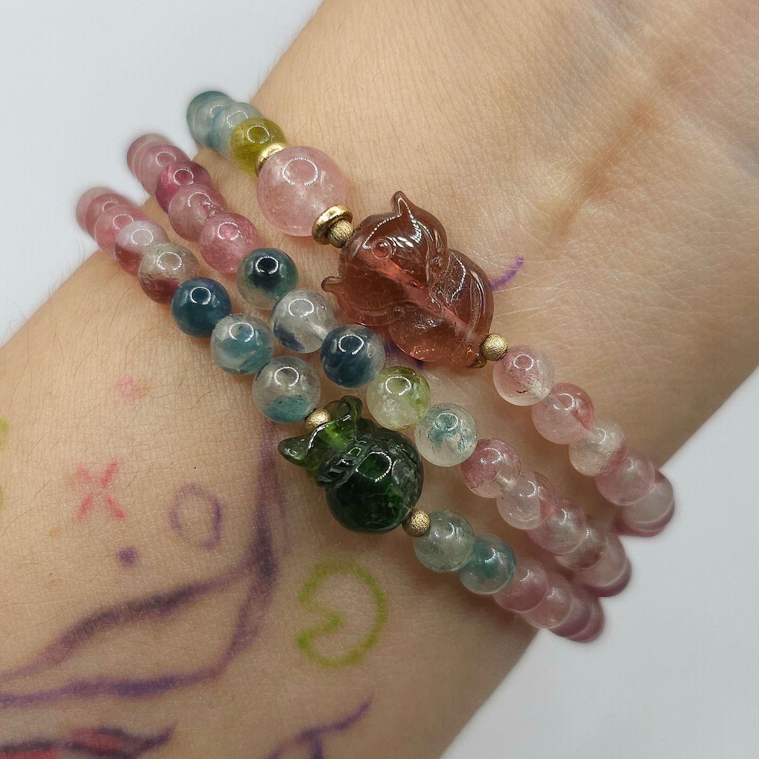 Natural 3 Lap Tourmaline with Money Bag &amp; 9 Tail Fox
