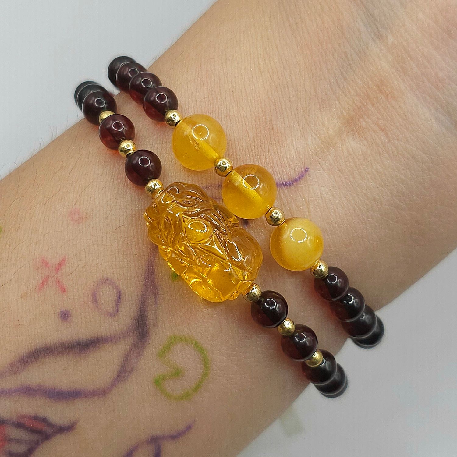Natural 2 Lap Amber with Pixiu Charm