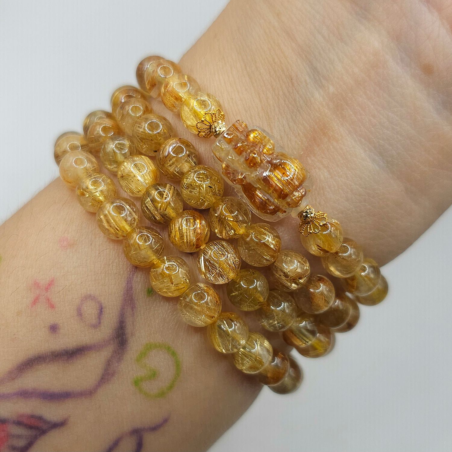 Natural 3 Lap Golden Ruti with Pixiu - 18K