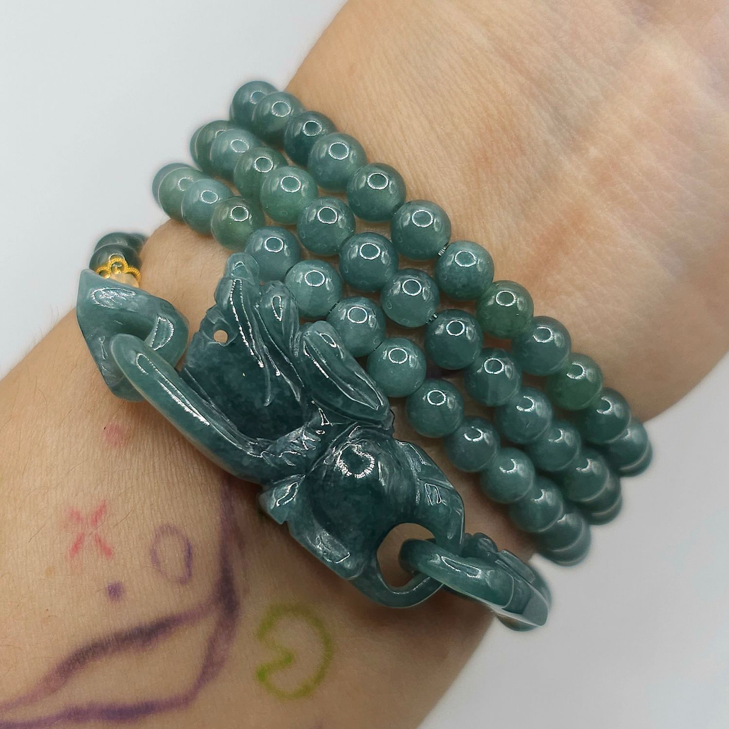 Natural 3 Lap Icy Blue Water Jade with Pixiu - 18K