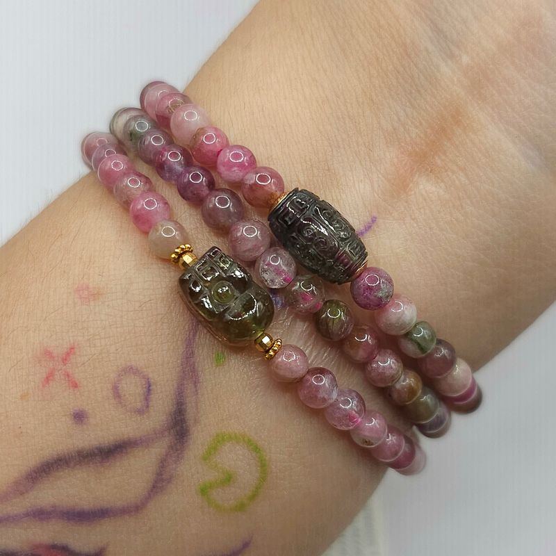 Natural 3 Lap Watermelon Tourmaline with Pixiu &amp; Lucky Turn - 18K