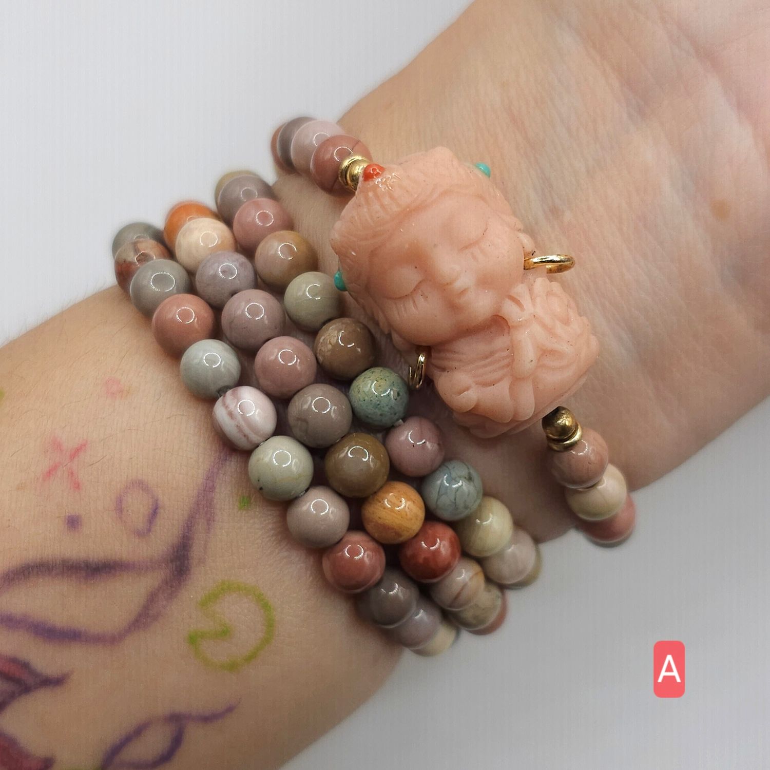 Natural 3 Lap Alashan Agate with Guanyin