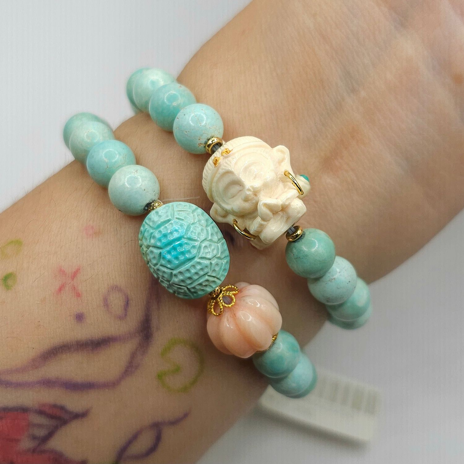 Natural 2 Lap Turquoise, Coral &amp; Ivory -18K