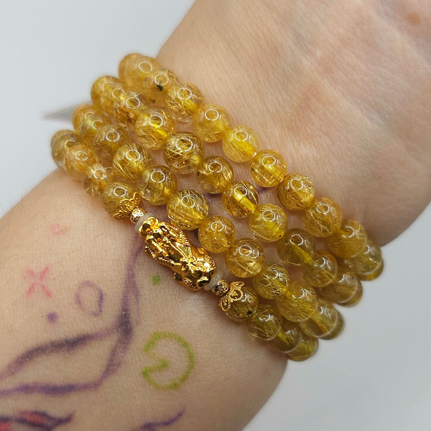 Natural 3 Lap Golden Ruti with Pixiu - 18K