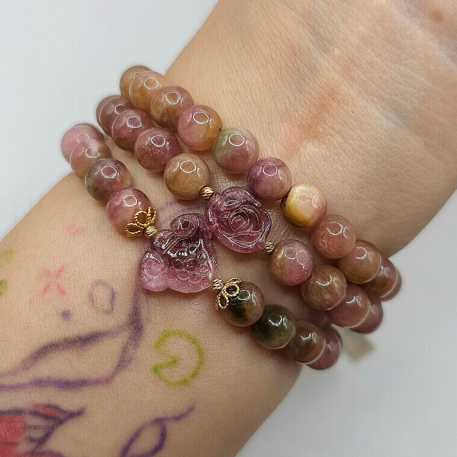 Natural 3 Lap Watermelon Tourmaline with Ruyi &amp; Flower - 18K