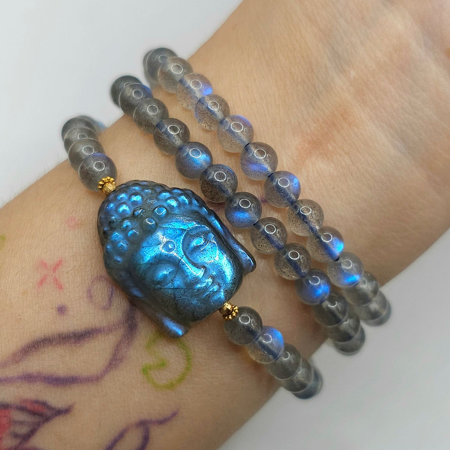 Natural Blue Moonstone x Labradorite Buddha - 18K