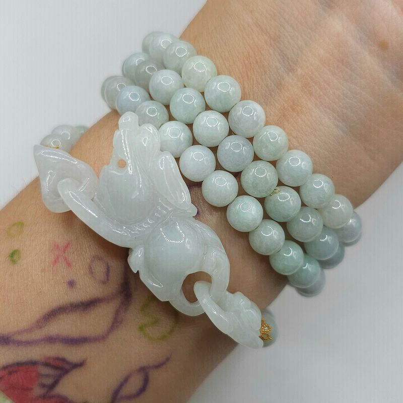 Natural 3 Lap Burma Ice Jade with Dragon Pixiu - 18K