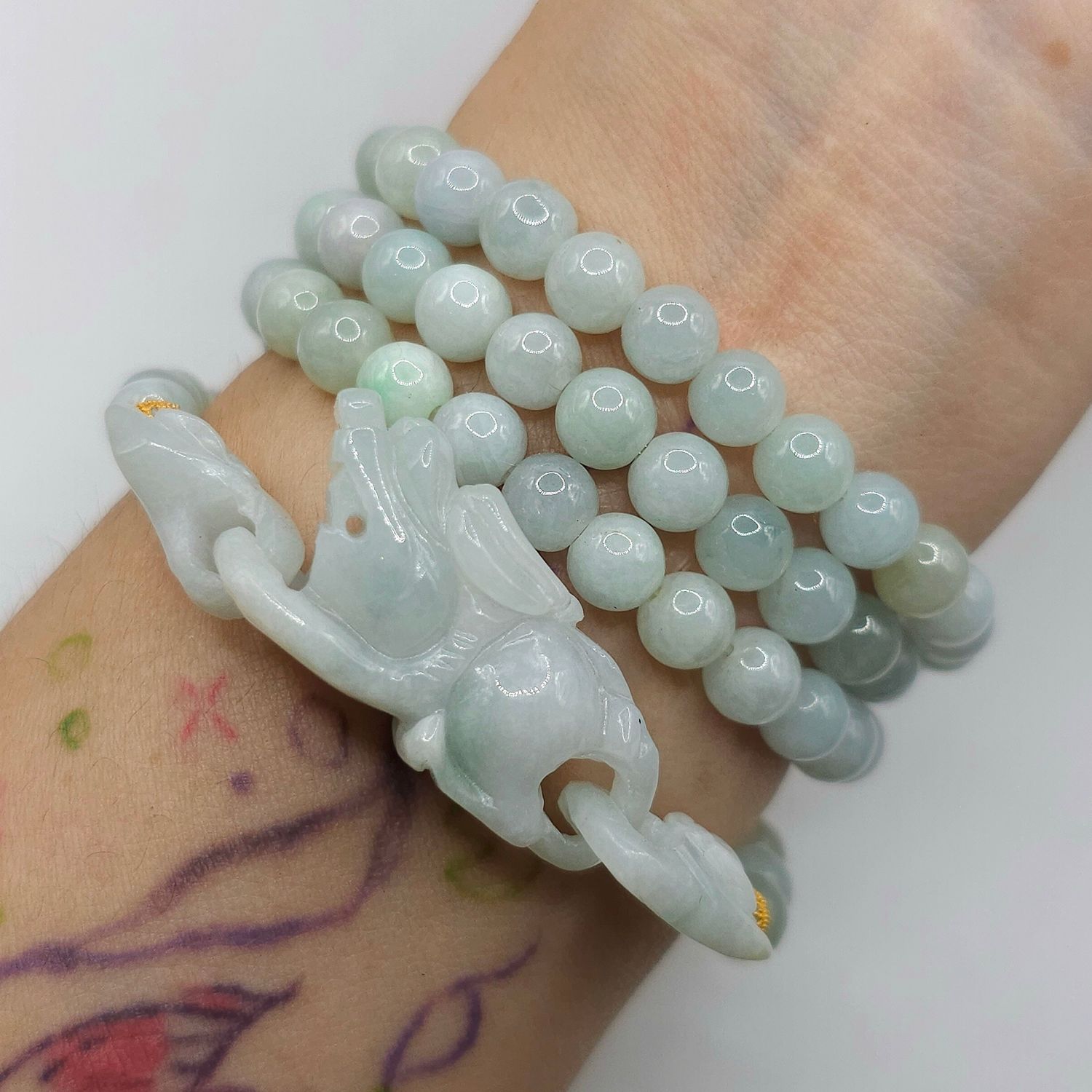 Natural 3 Lap Burma Ice Jade with Dragon Pixiu - 18K