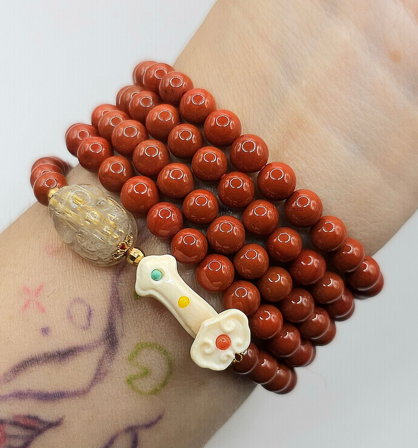 Natural 4 Lap Southern Red Agate with Ruyi &amp; Pixiu - 18K