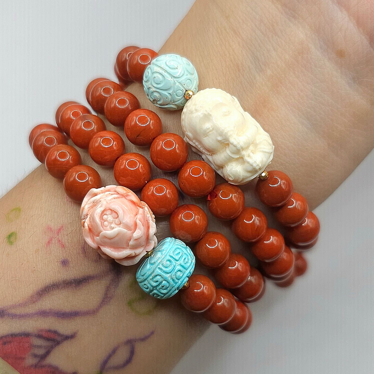 Natural 4 Lap Southern Red Agate x Ivory Ganesha x Turquoise Lucky Turn x Rose Coral - 18K