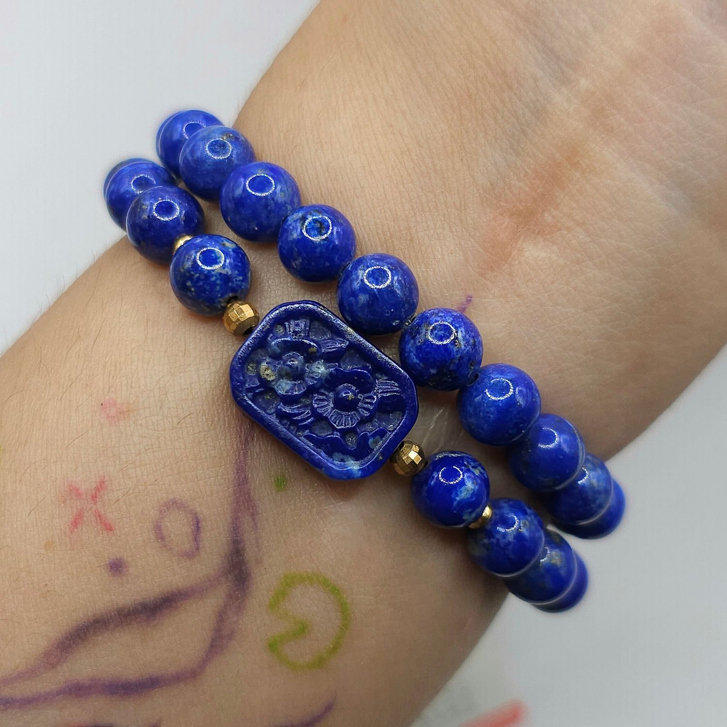 Natural 2 Lap Lapis Lazuli with Flower - 18K