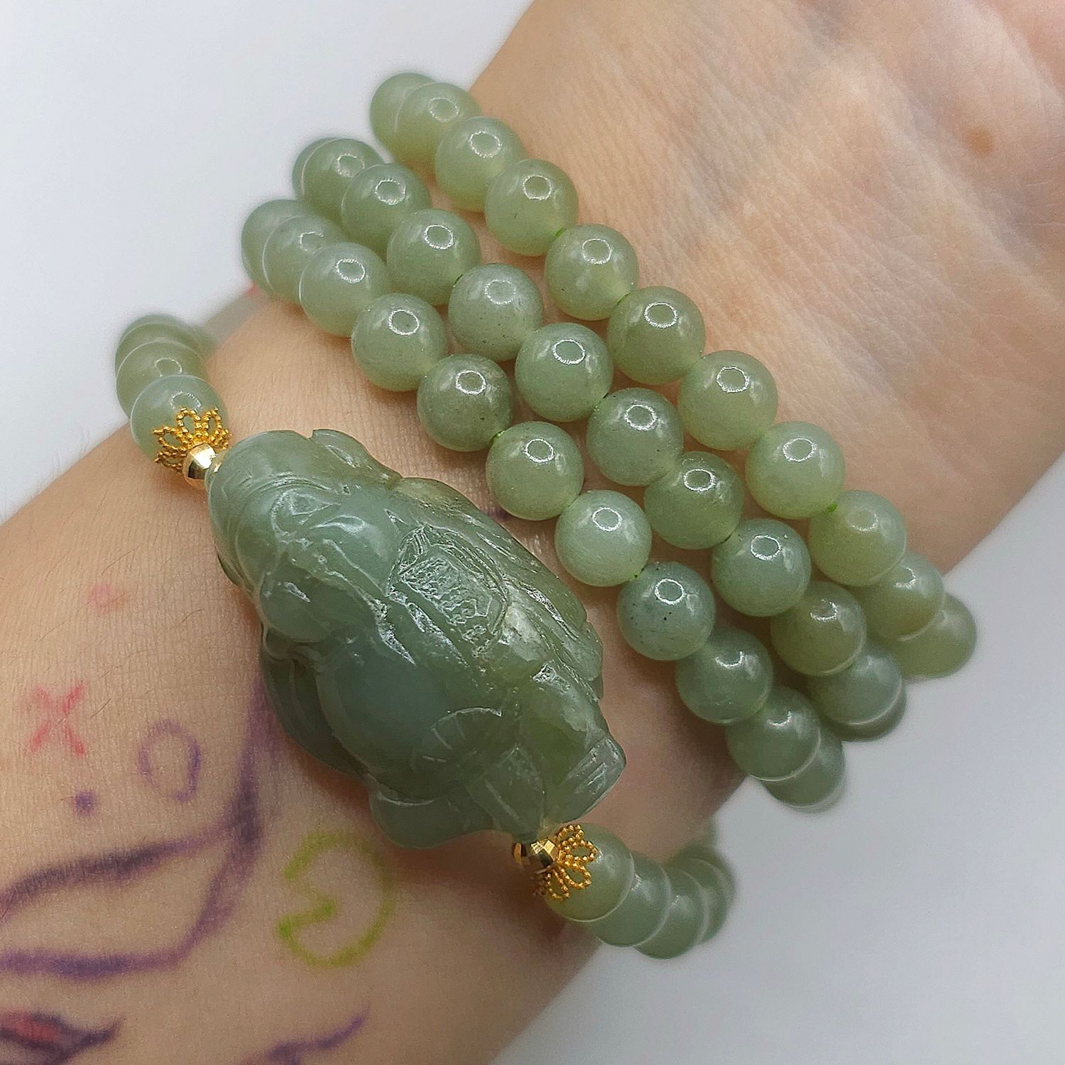 Natural 3 Lap Hetian Jade with God of Wealth - 18K