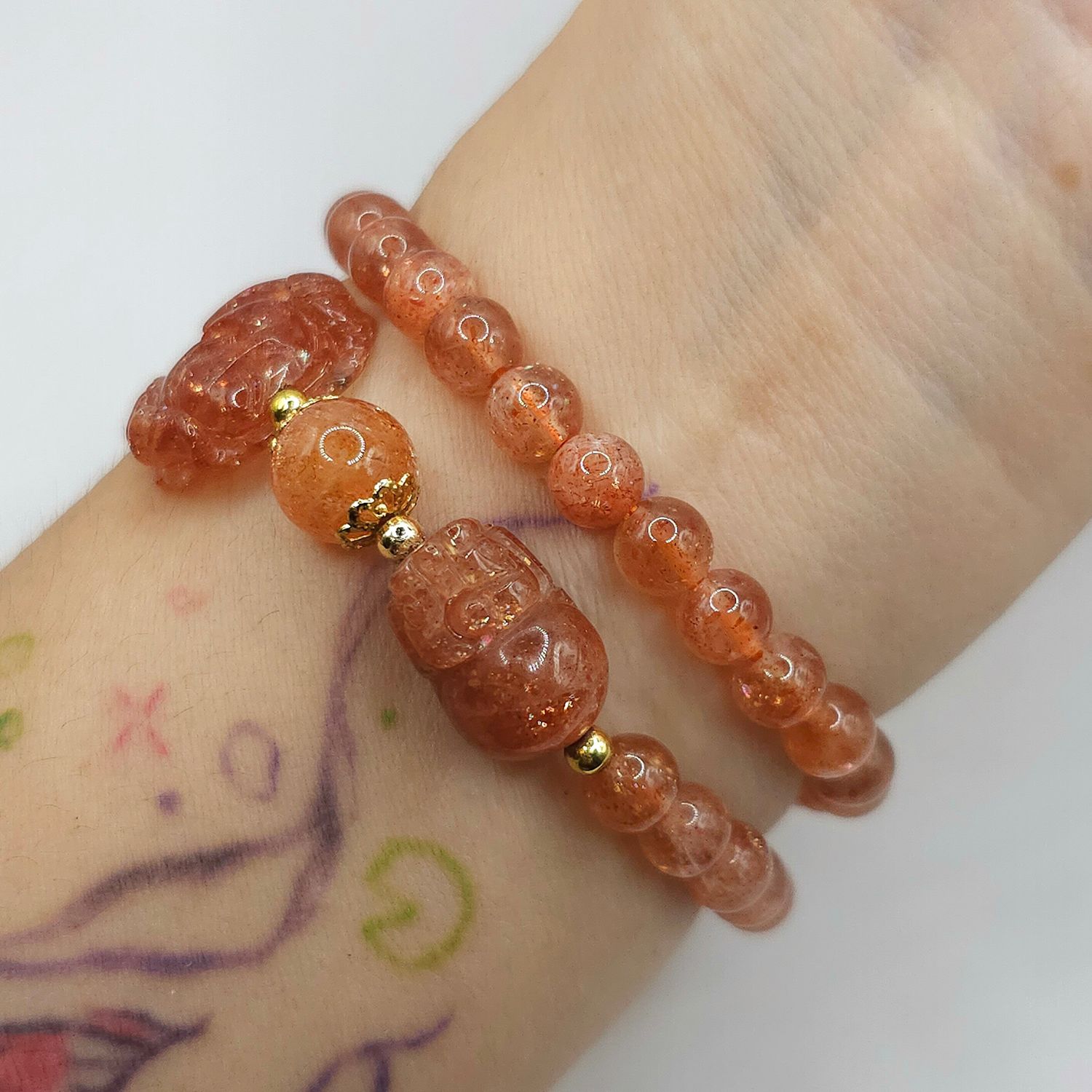 Natural 2 Lap Arusha Sunstone with Flower &amp; Pixiu