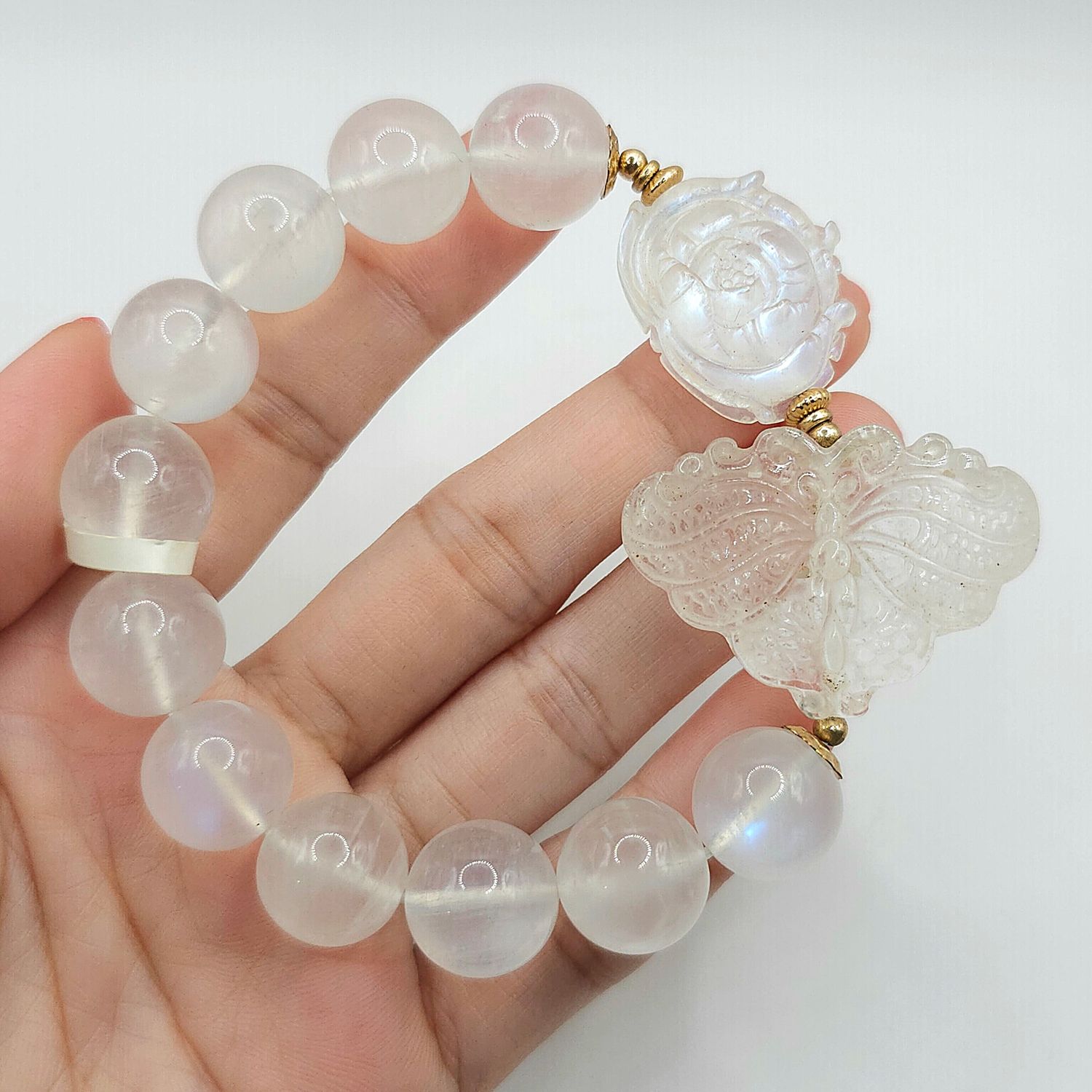Natural Blue Moonstone with Rose x Clear Quartz Butterfly