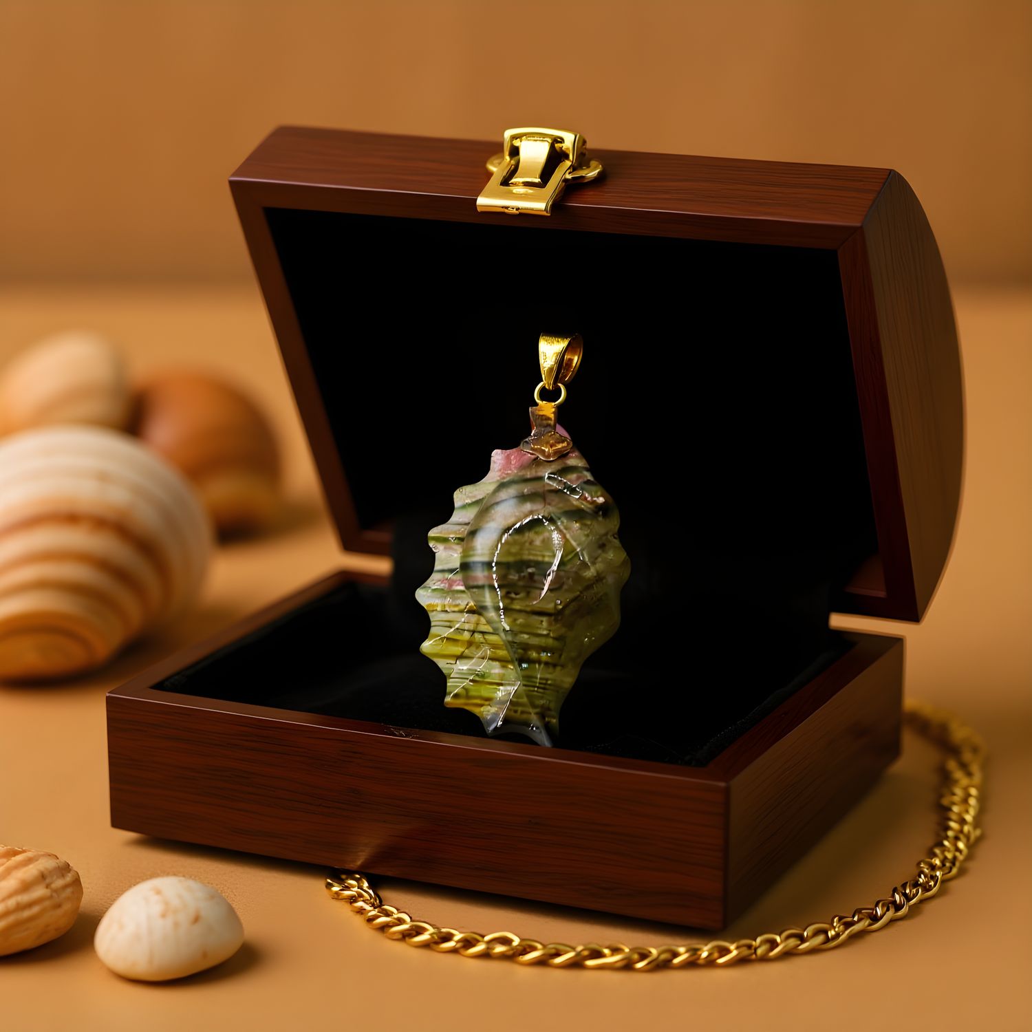 Natural Tourmaline Shell Pendant 18K