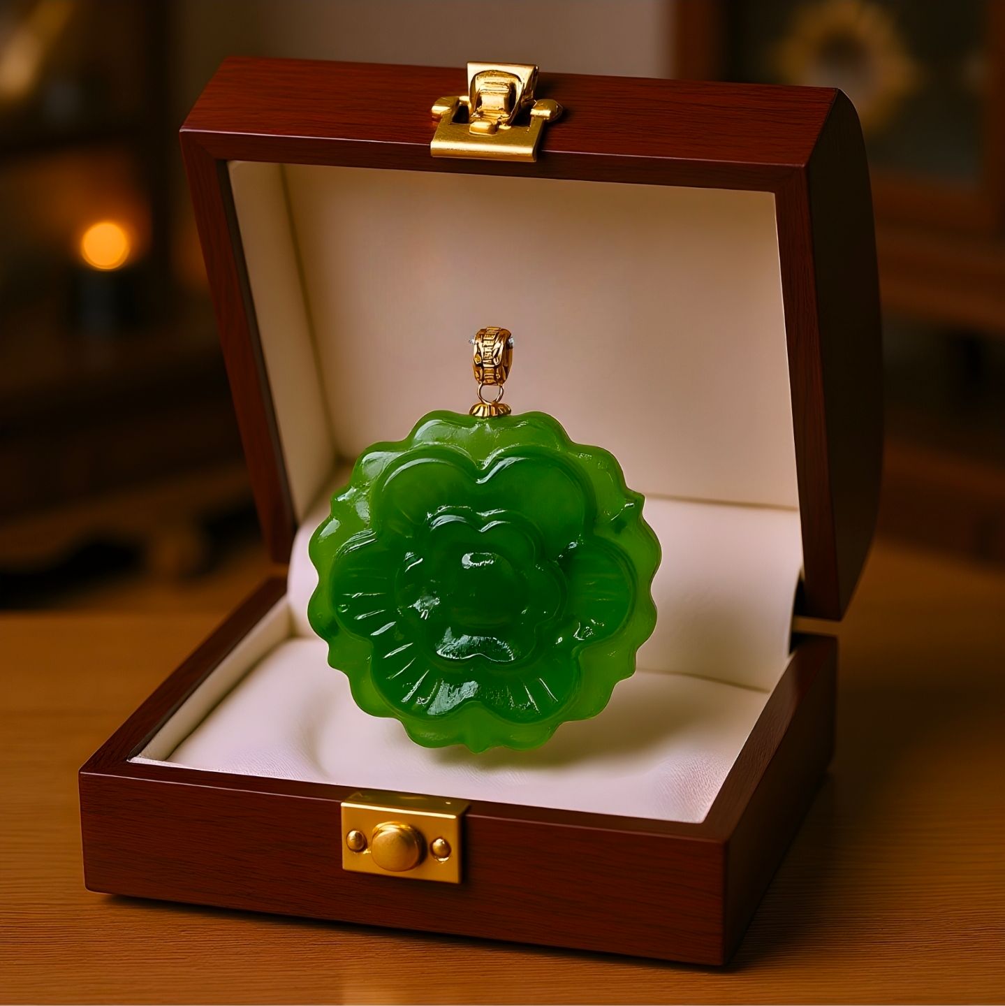 Natural Hetian Jade Peony Flower Pendant - 18K