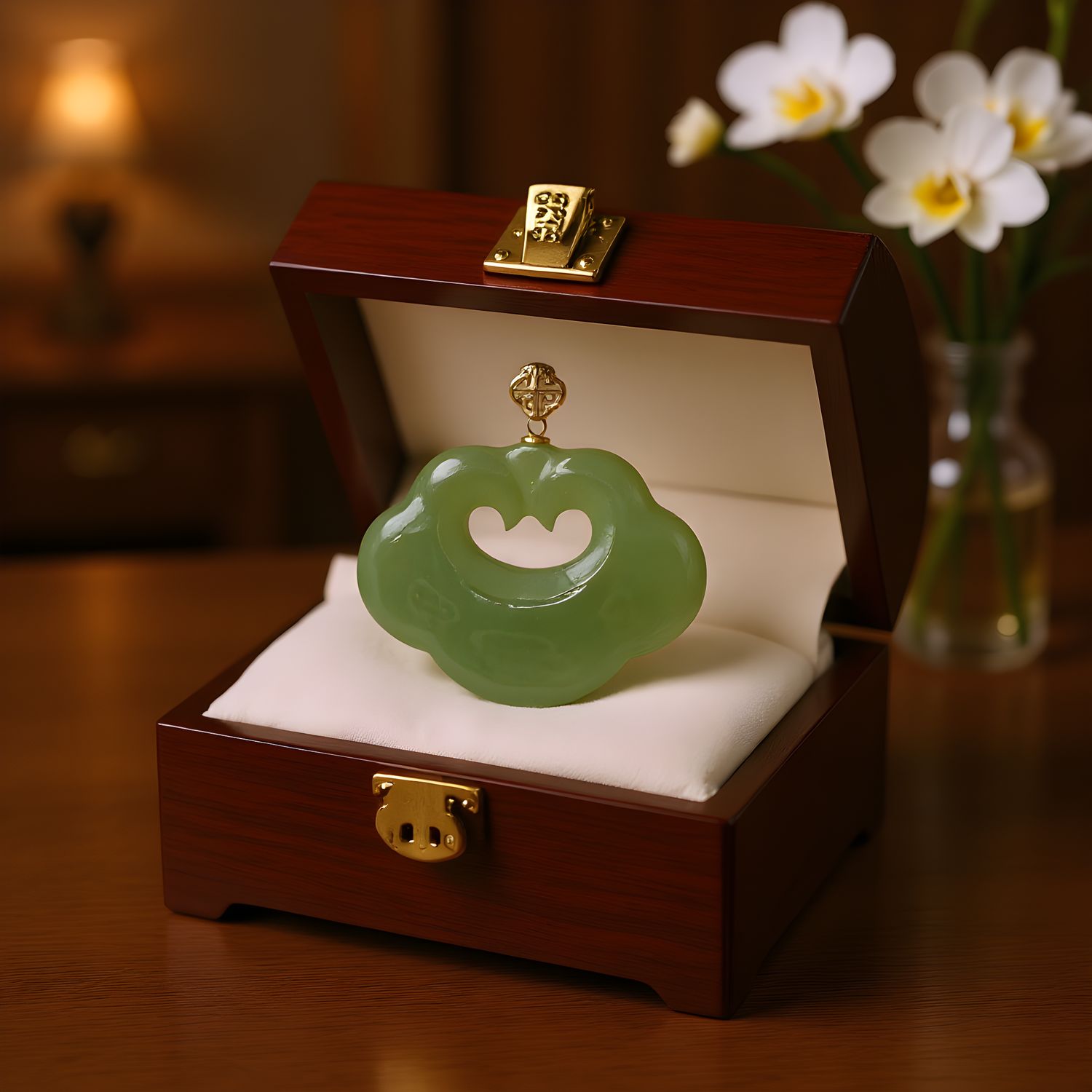 Natural Hetian Jade Ruyi Pendant - 18K