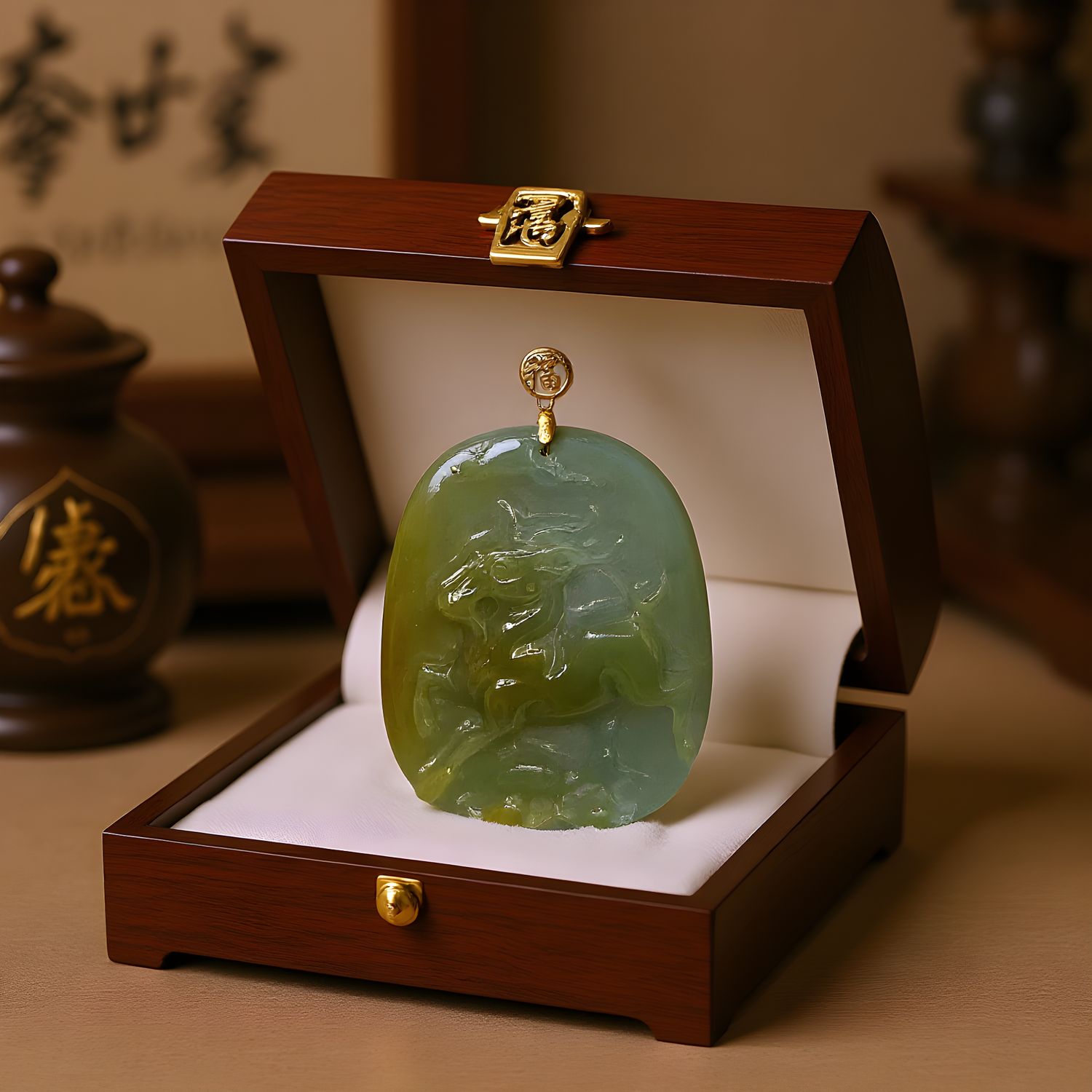 Natural Blue Water Jade Goat Pendant - 18K