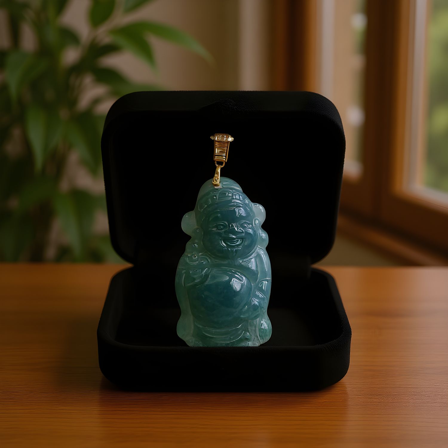 Natural Blue Water Ice Jade God of Wealth Pendant 18K