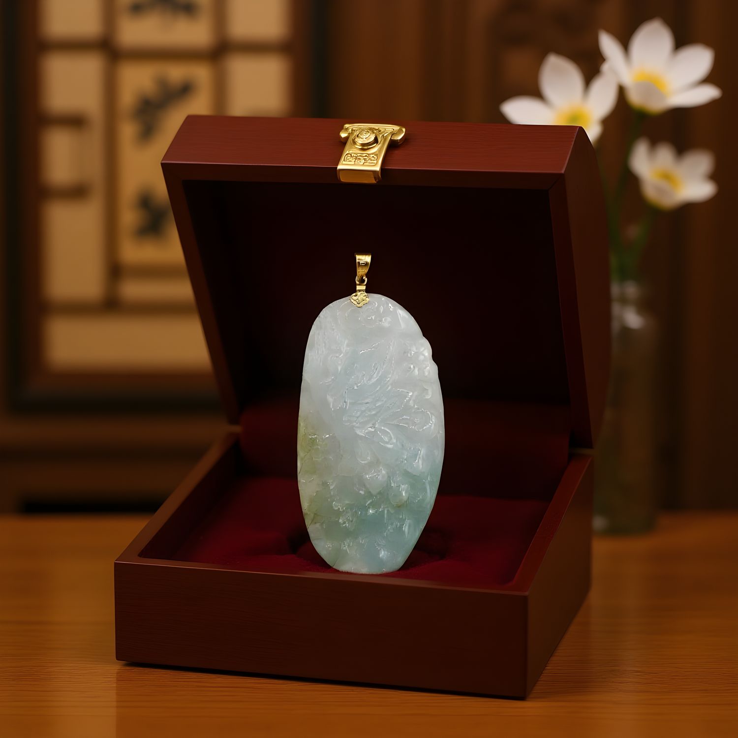 Natural Burma Ice Jade Phoenix Pendant - 18K