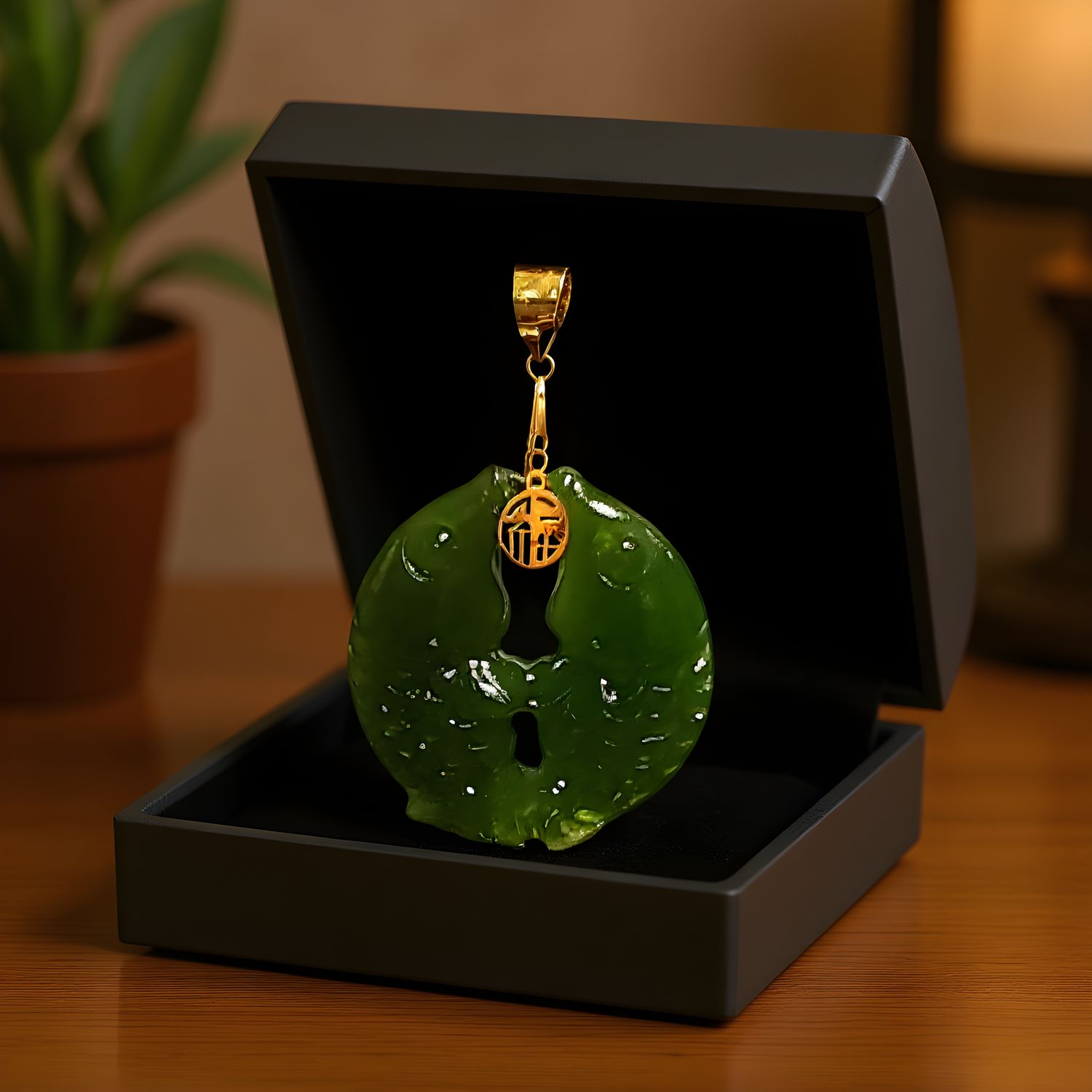 Natural Hetian Jade Double Koi Fish Pendant - 18K