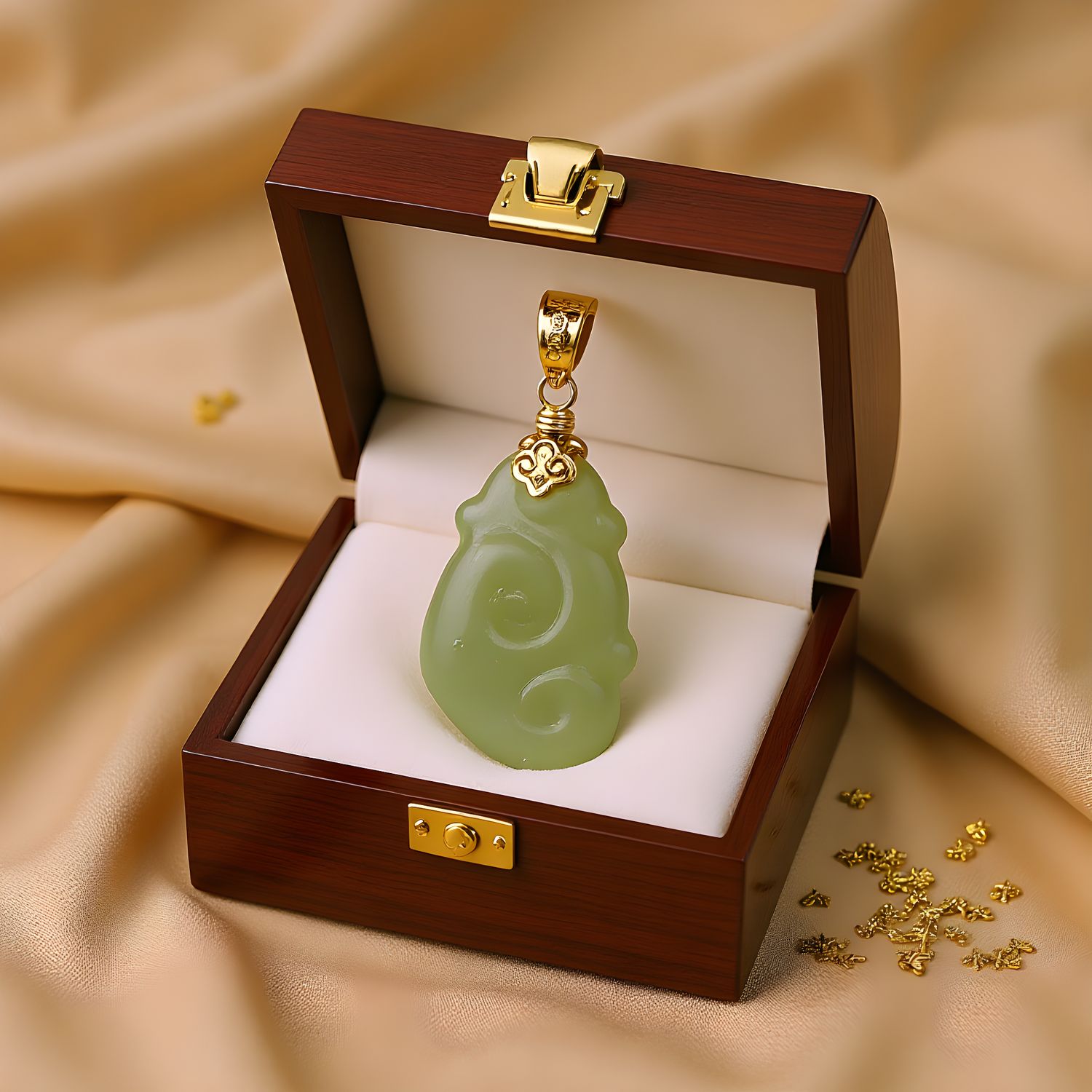 Natural Hetian Jade Ruyi Pendant - 18K