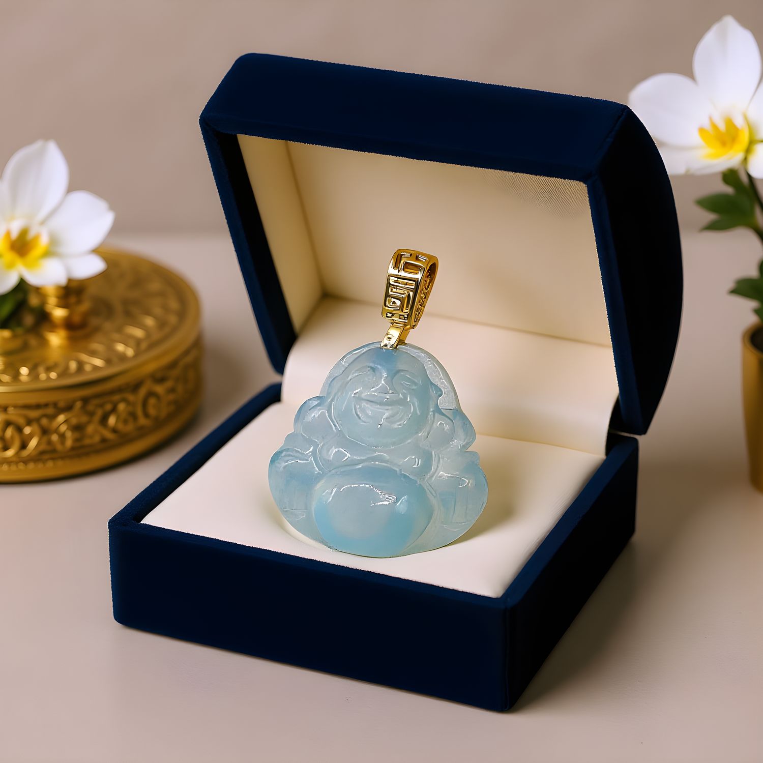 Natural Aquamarine Buddha Pendant 18K