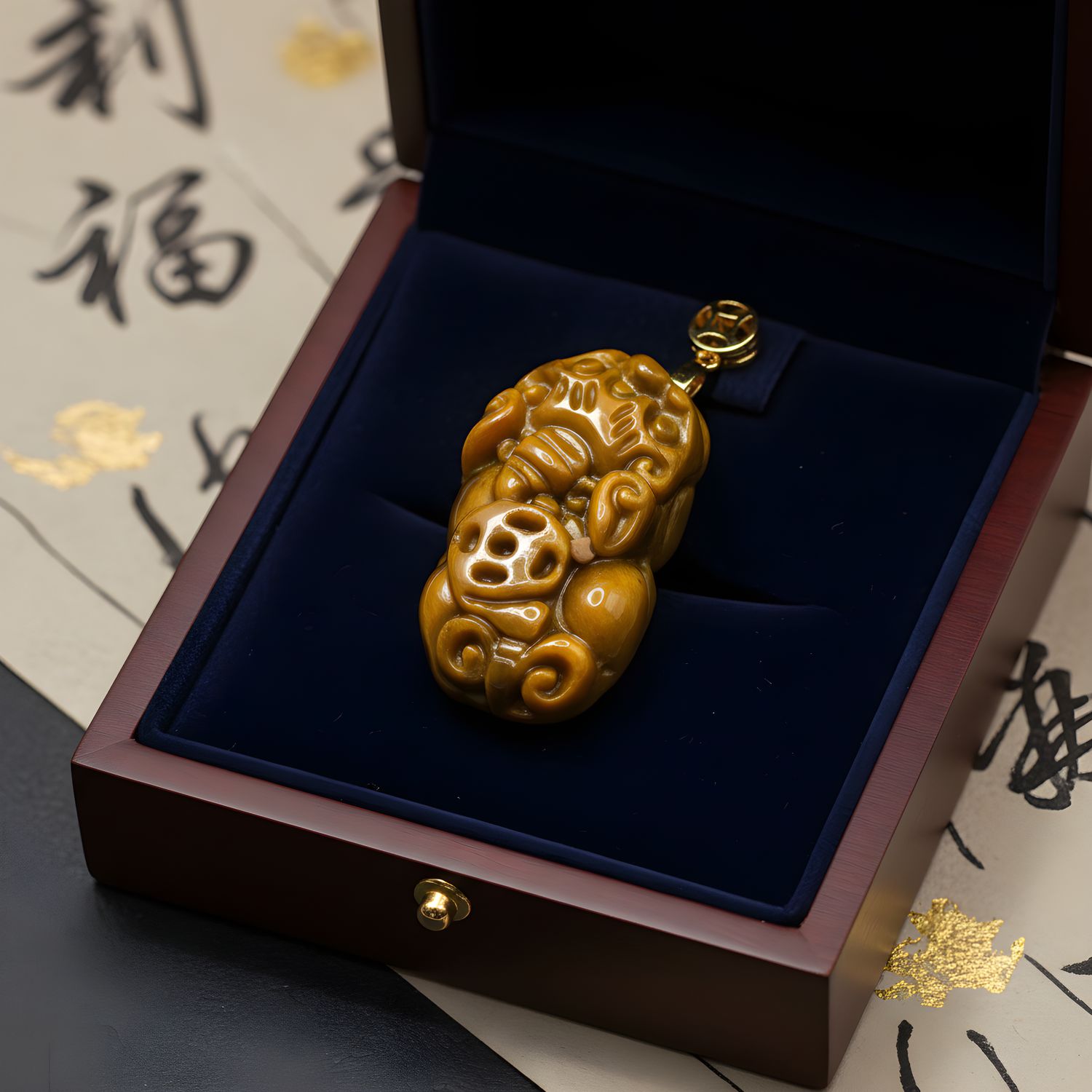 Natural Tiger Eye Pixiu Pendant - 18K