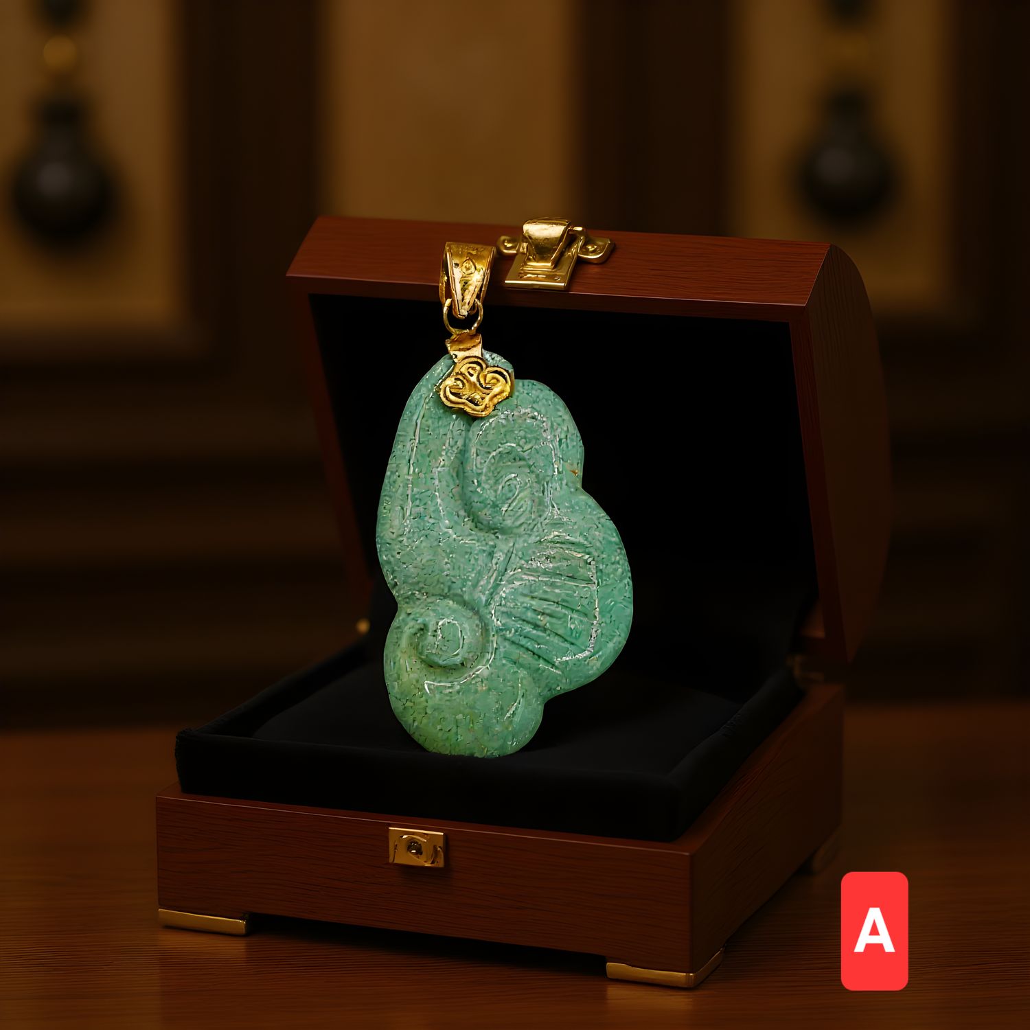 Natural Turquoise Ruyi Pendant - 18K