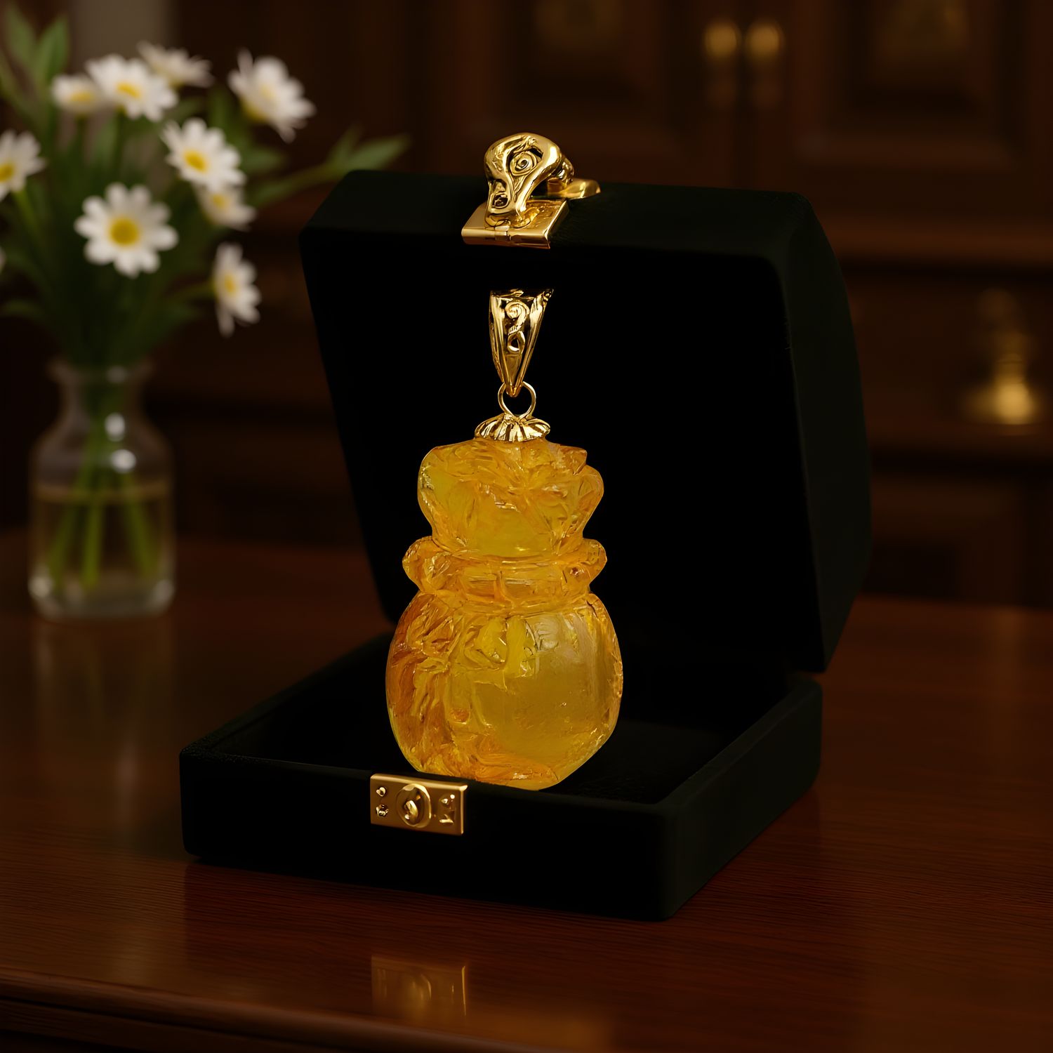 Natural Amber Money Bag Pendant - 18K