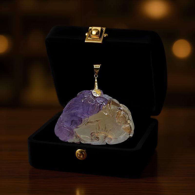 Natural Ametrine Pixiu &amp; Ruyi Carving Pendant - 18K