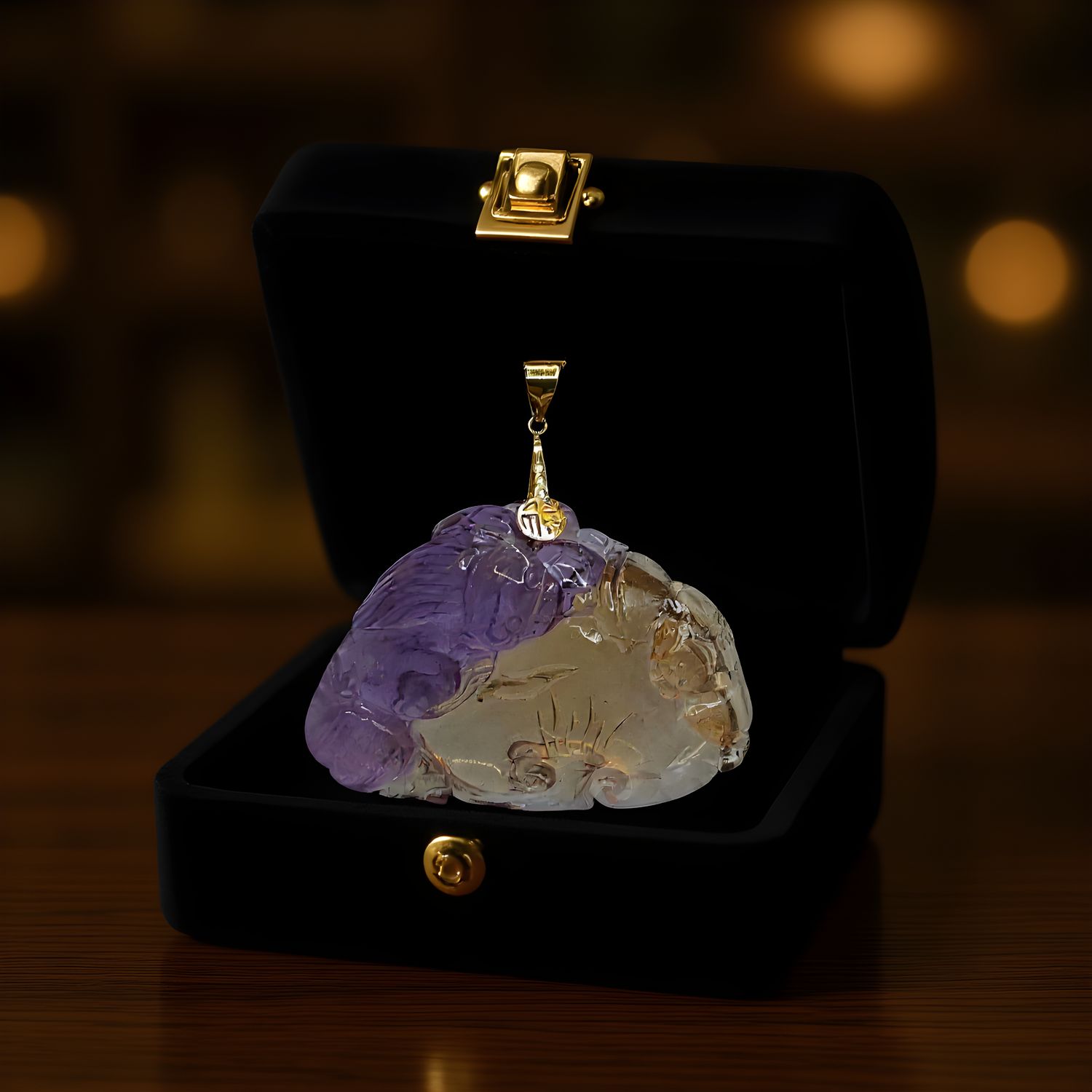 Natural Ametrine Pixiu &amp; Ruyi Carving Pendant - 18K
