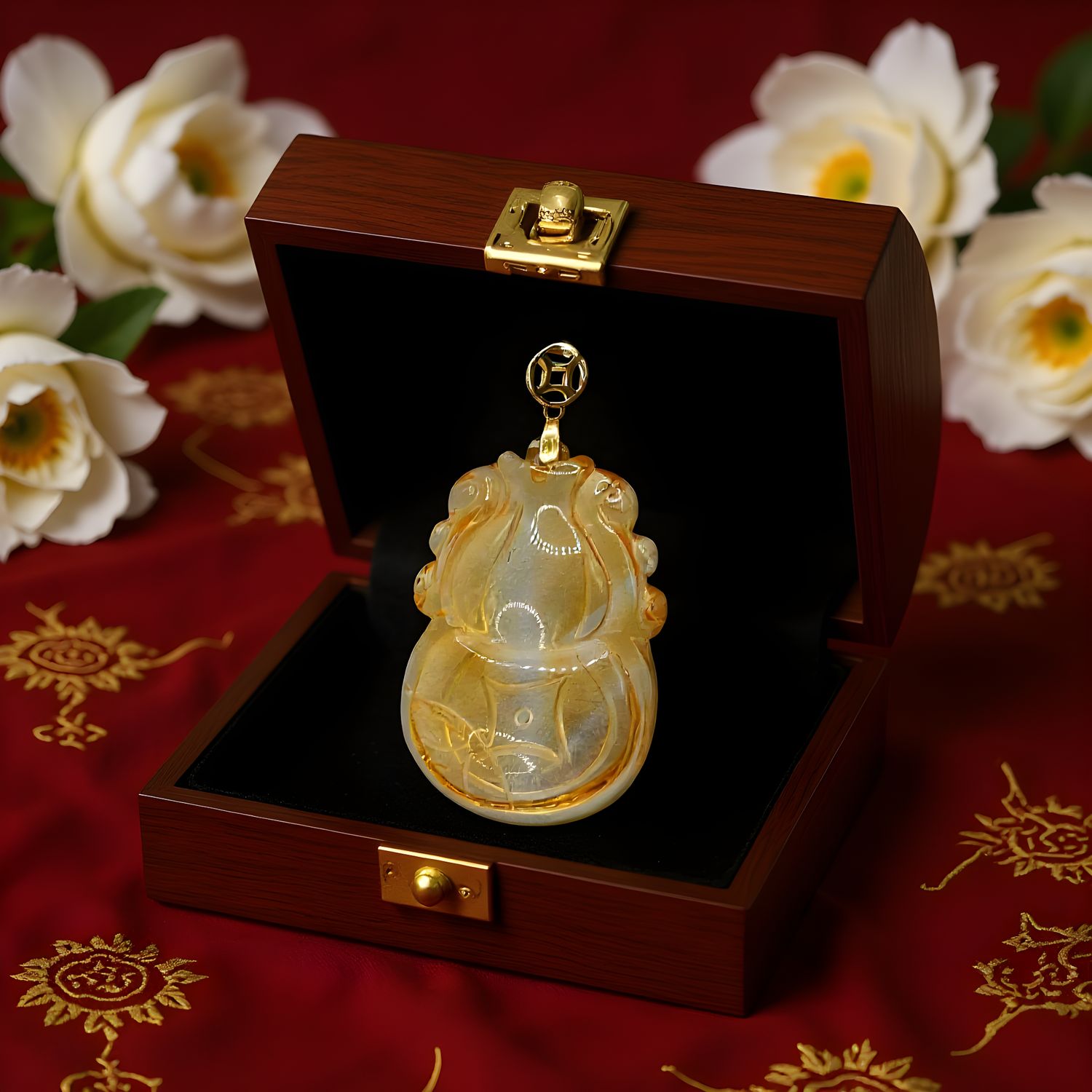 Natural Citrine Wu Lu Coin Pendant - 18K