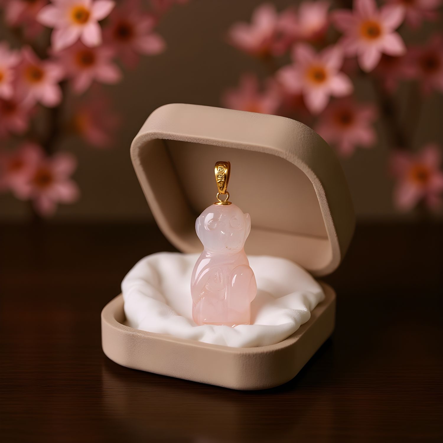 Natural Rose Quartz Monkey Pendant - 18K