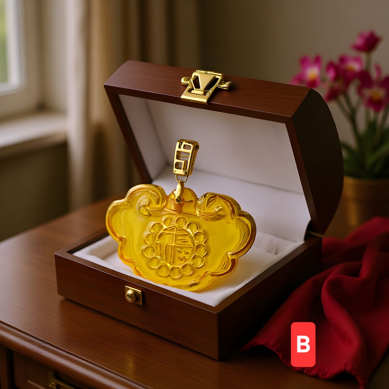 Natural Amber Ruyi Pendant 18K