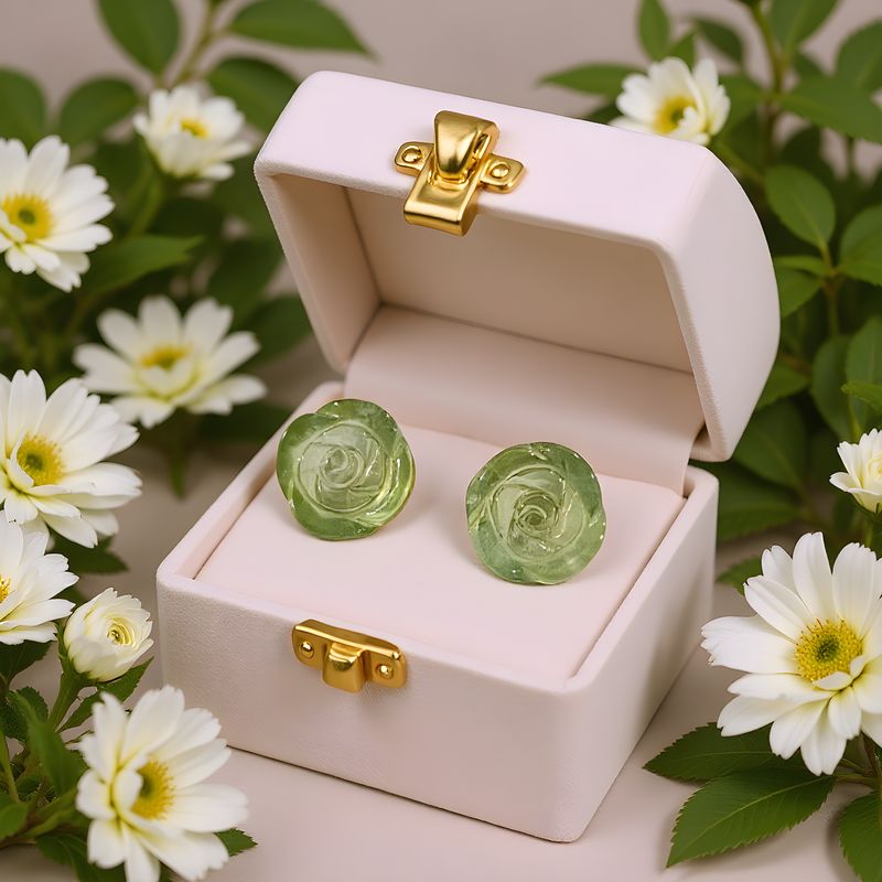 Natural Prehnite Rose Earring - 18K