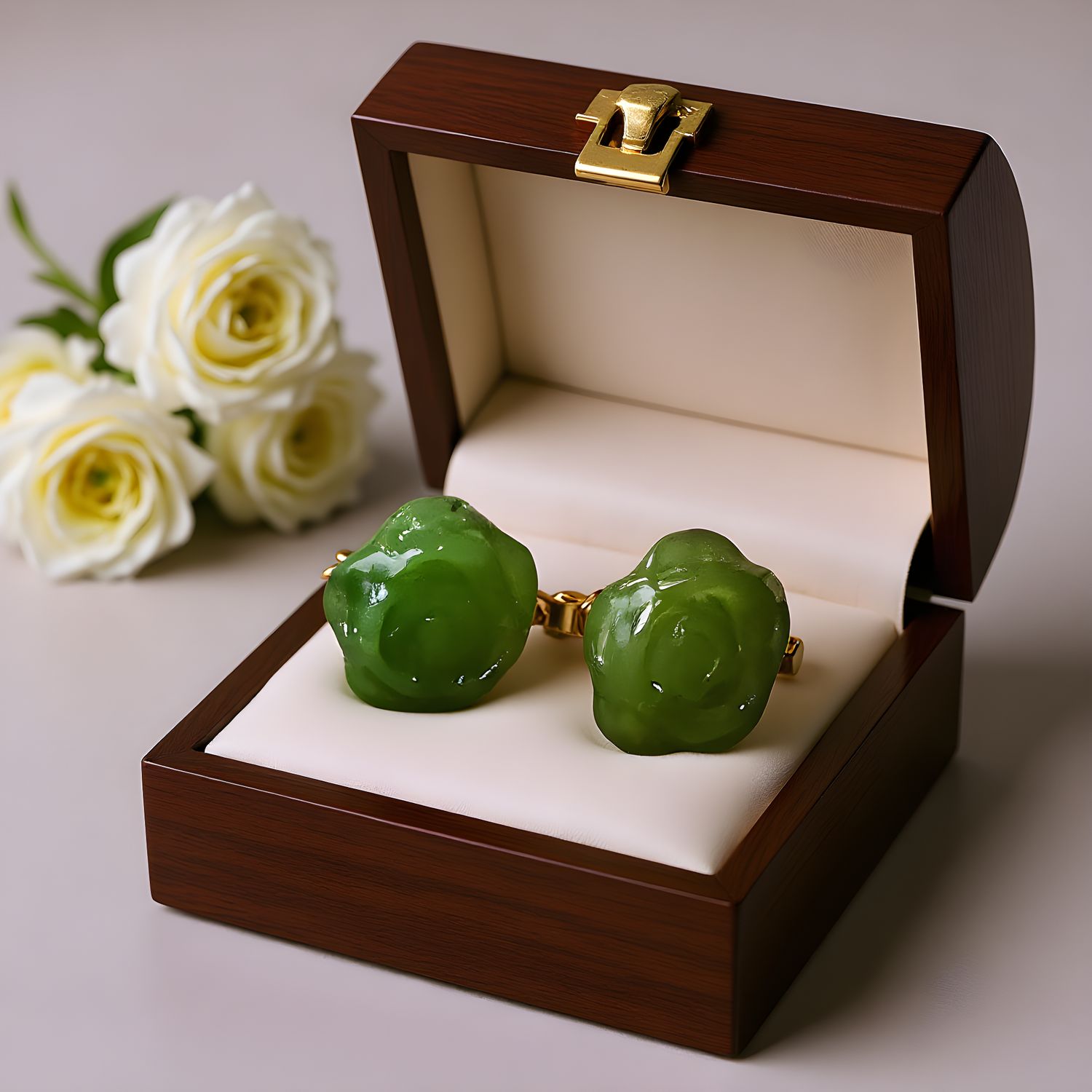 Natural Hetian Jade Rose Earring - 10K