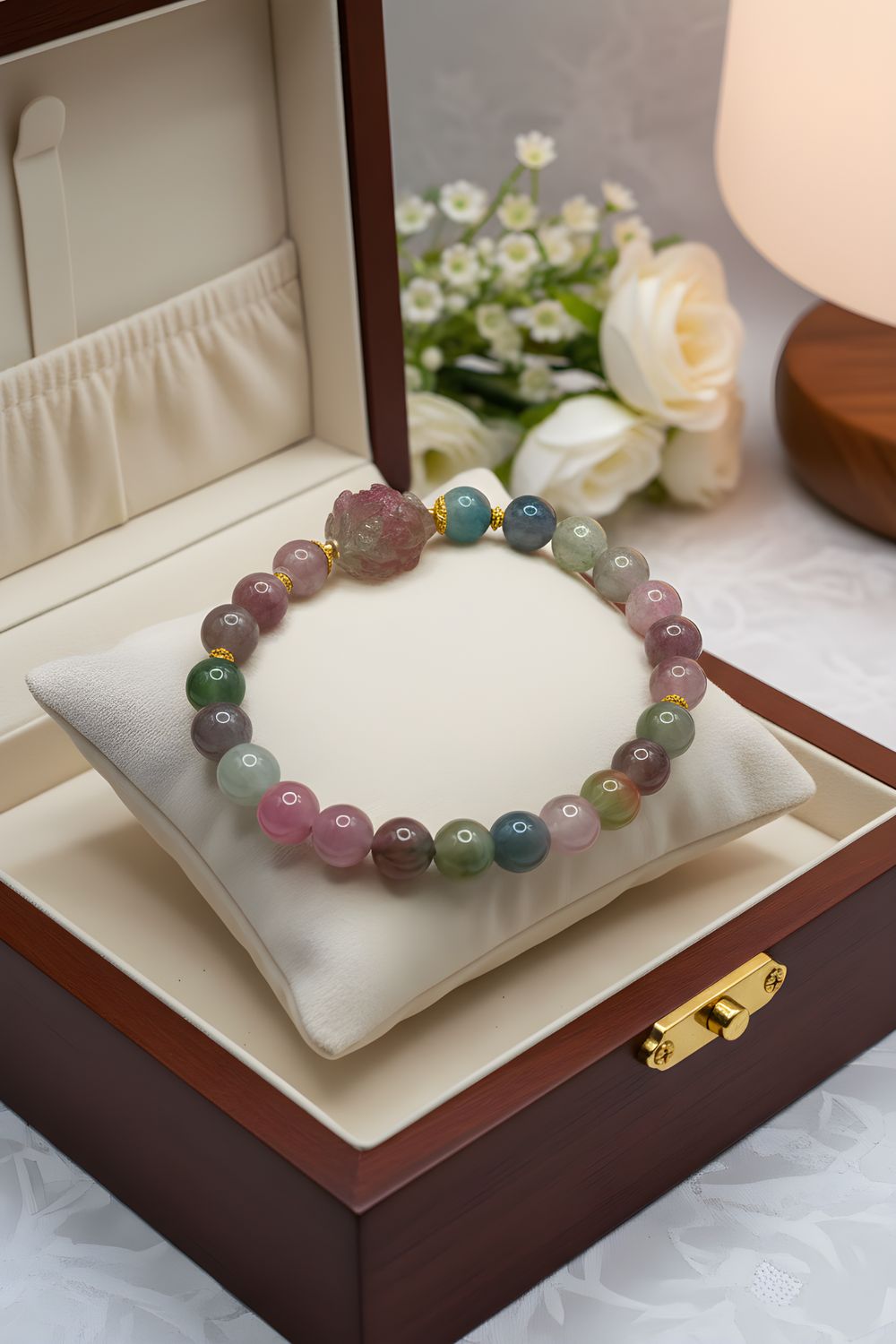 Natural Watermelon Tourmaline with Flower - 18K