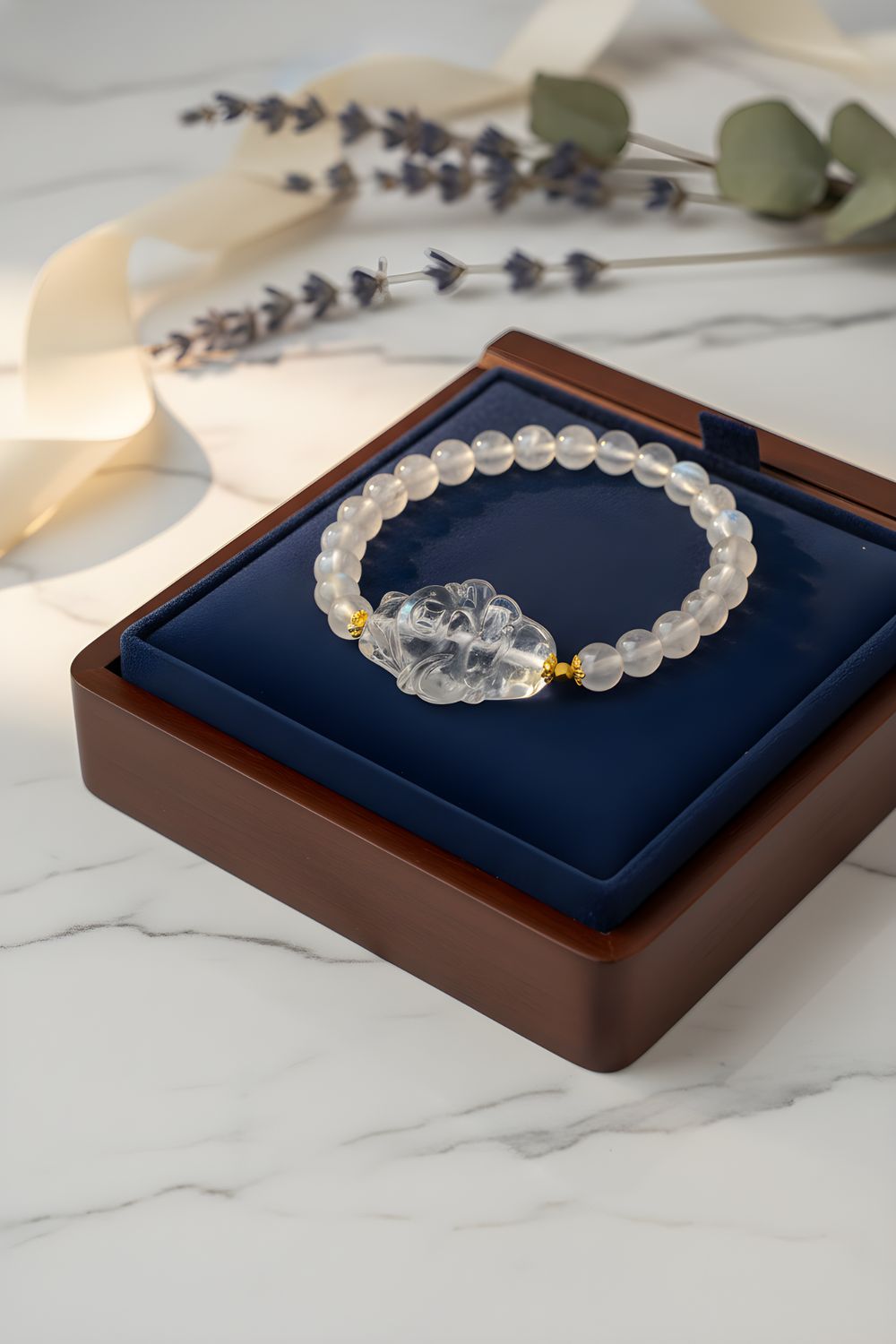 Natural Blue Moonstone x Clear Quartz Money Buddha 18K