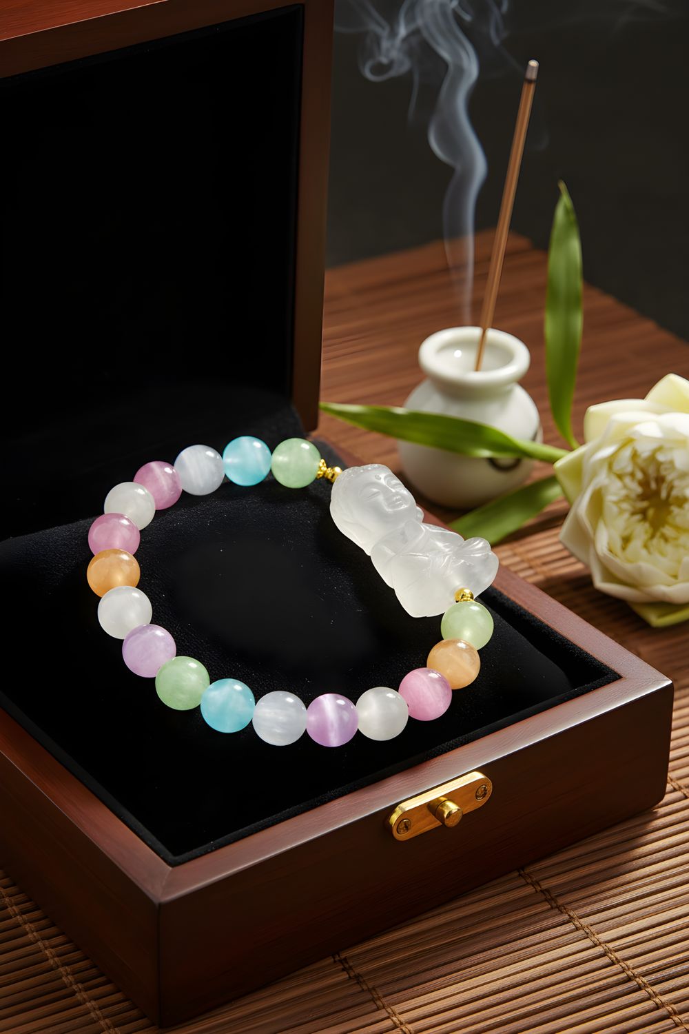 Natural Colorful Selenite x Clear Quartz Buddha 18K