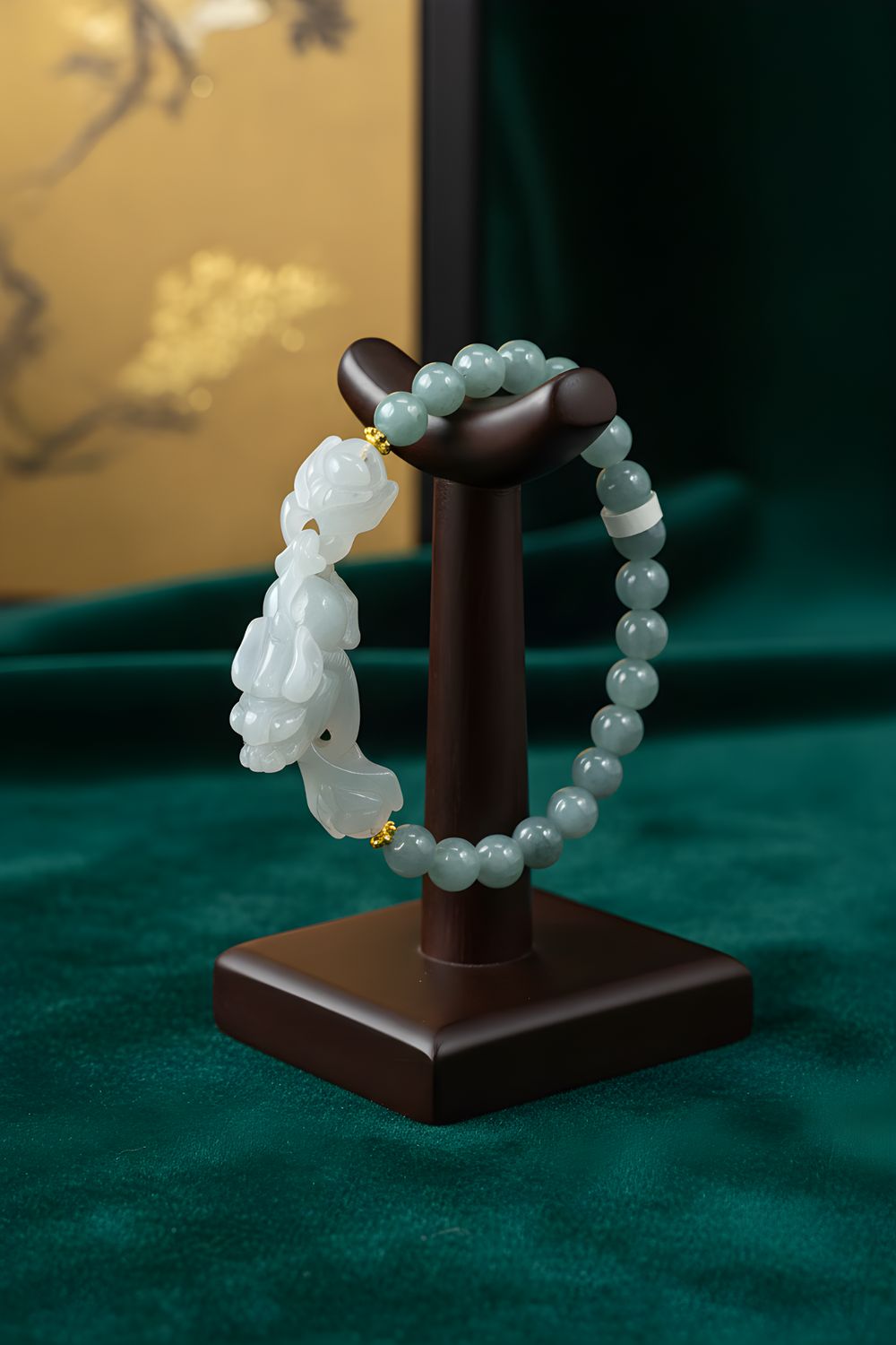 Natural Blue Water Ice Jade with Pixiu &amp; Ruyi - 18K