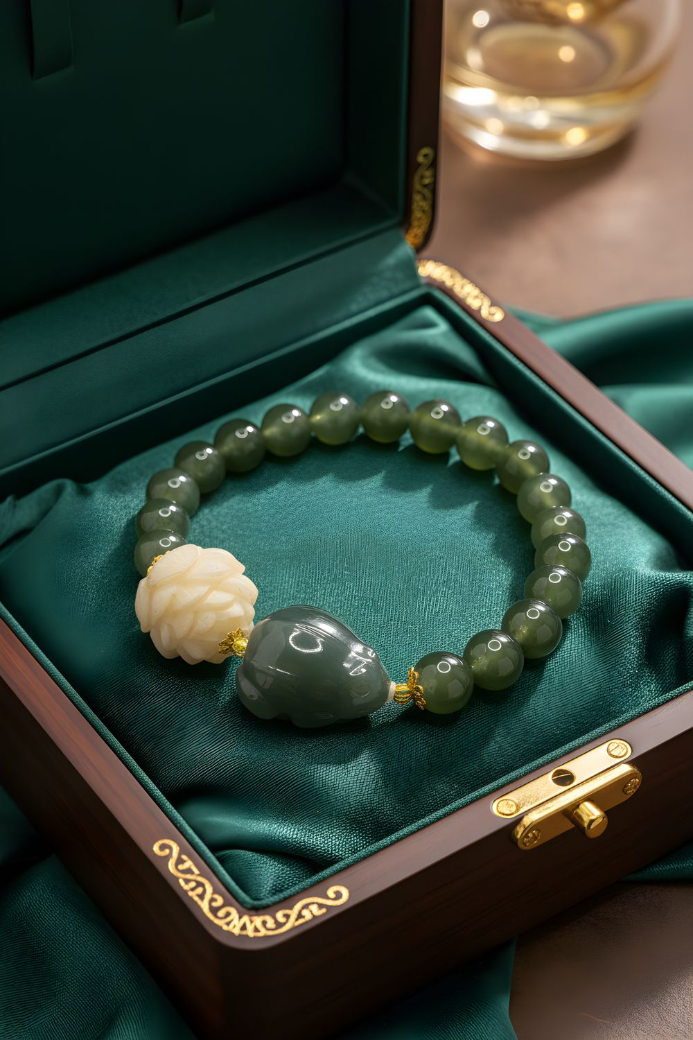 Natural Hetian Jade with Frog x Lotus Bodhi x 18K