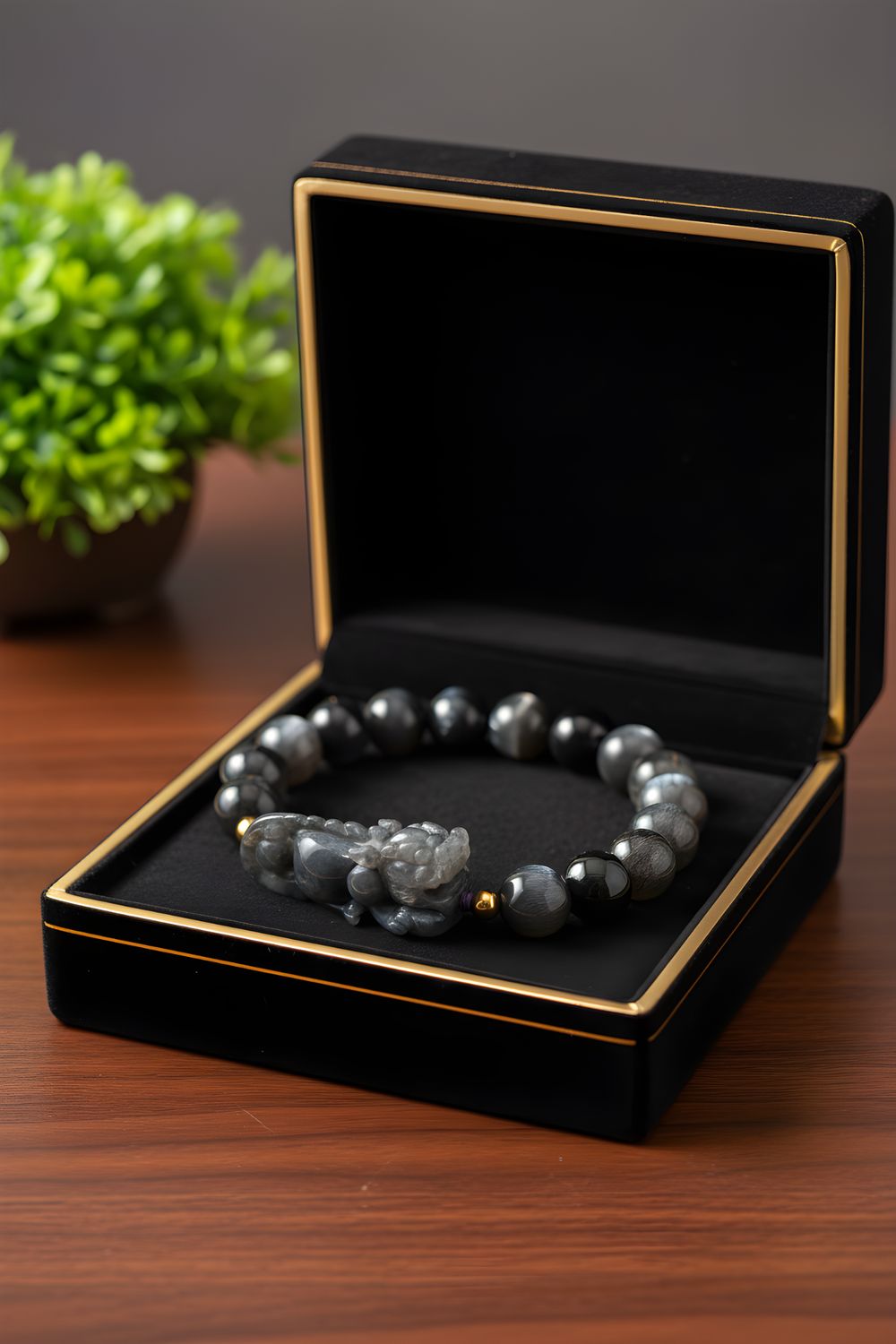 Natural Black Moonstone with Dragon Pixiu - 18K