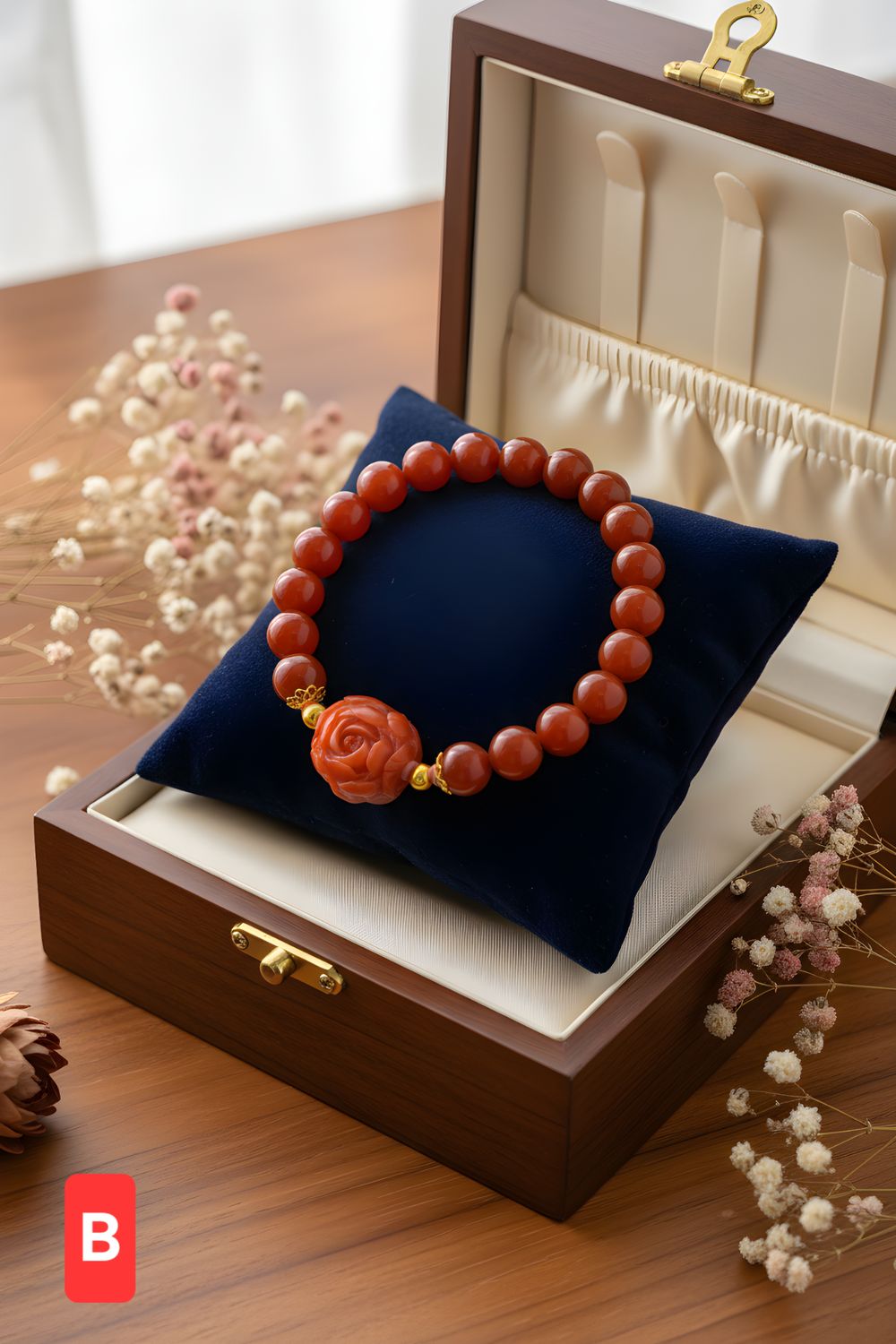 Natural Southern Red Agate with Peony - 18k