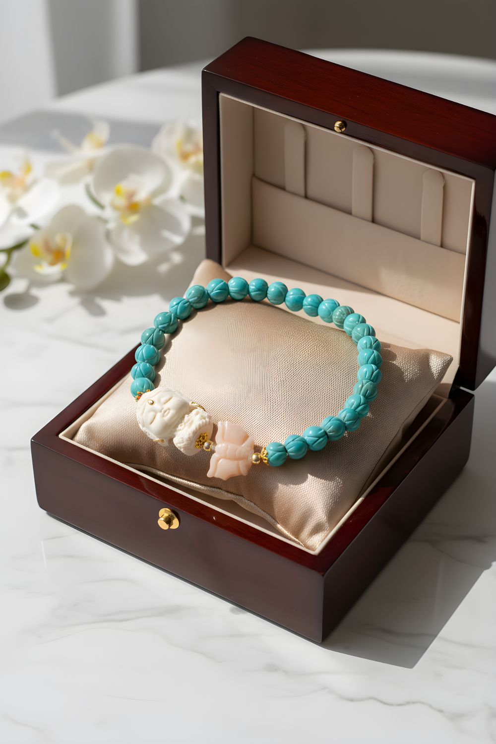 Natural Lotus Turquoise x Ivory Mammoth Guanyin x Coral Butterfly - 18K