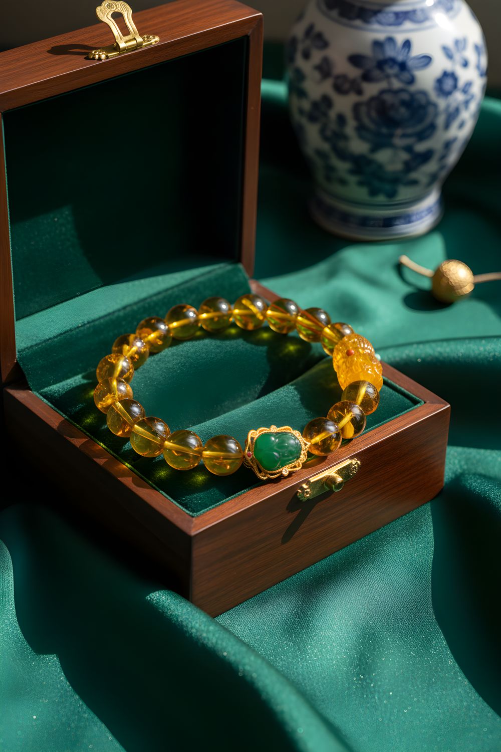 Natural Blue Amber with Lotus x Imperial Jade Pixiu - 18k