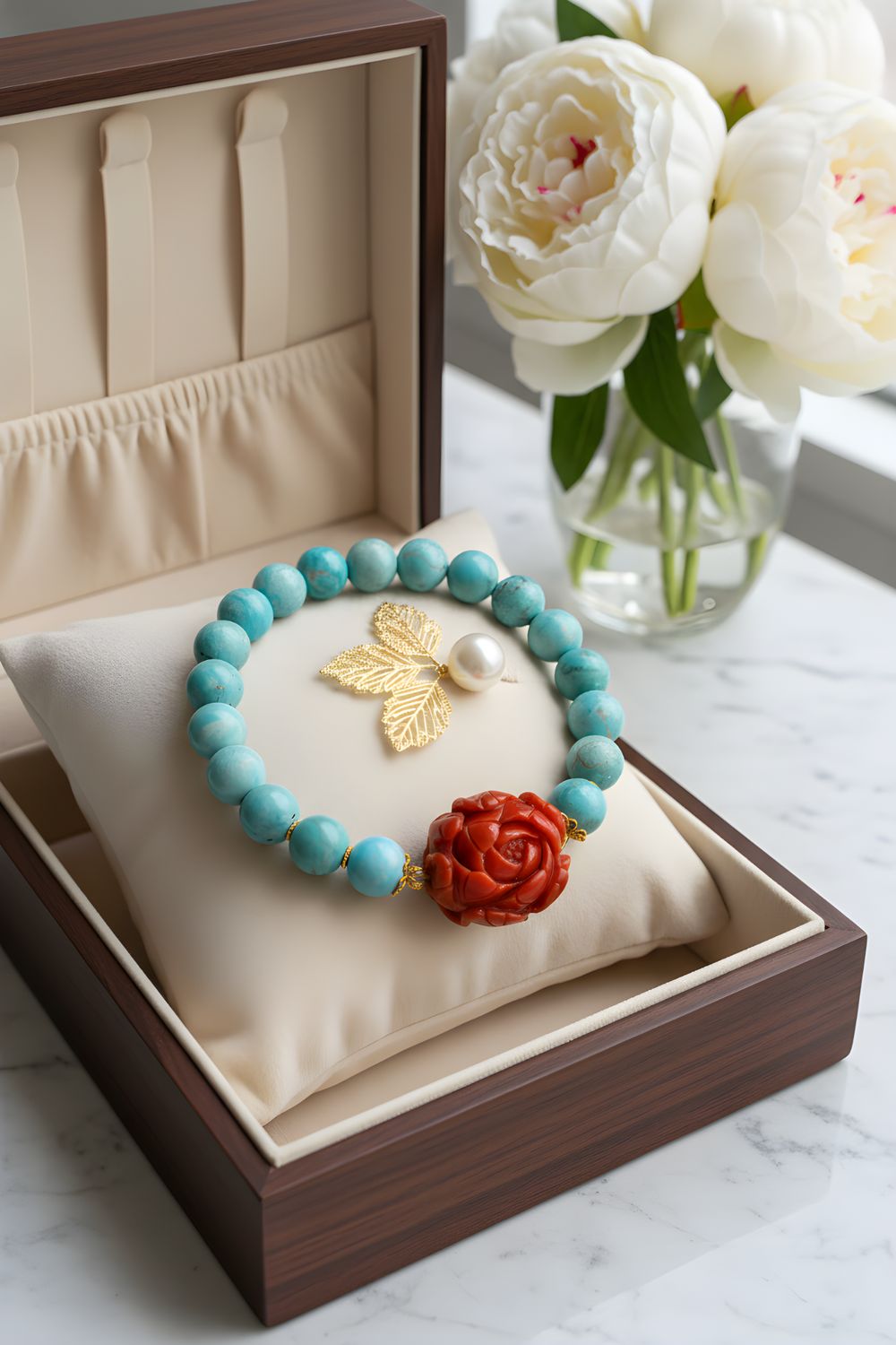 Natural Turquoise x Flower Red Coral - 18k