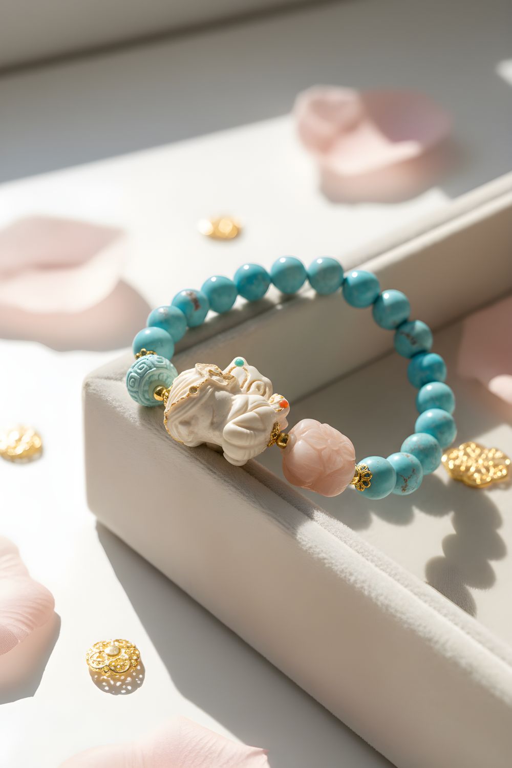 Natural Turquoise x Ivory Mammoth Guanyin x Coral Clover - 18K