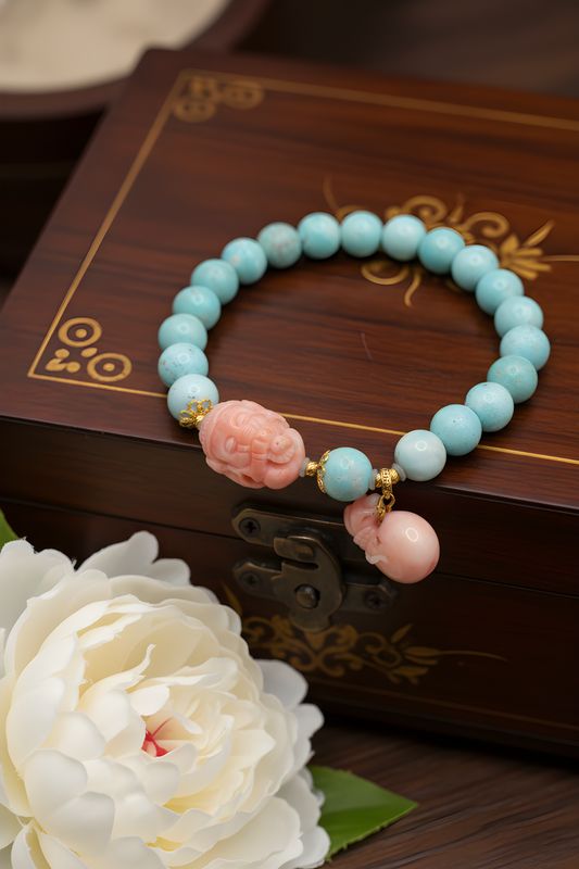 Natural Turquoise x Coral Ganesha &amp; Money Bag - 18K