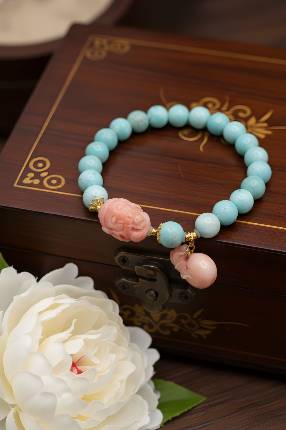 Natural Turquoise x Coral Ganesha &amp; Money Bag - 18K